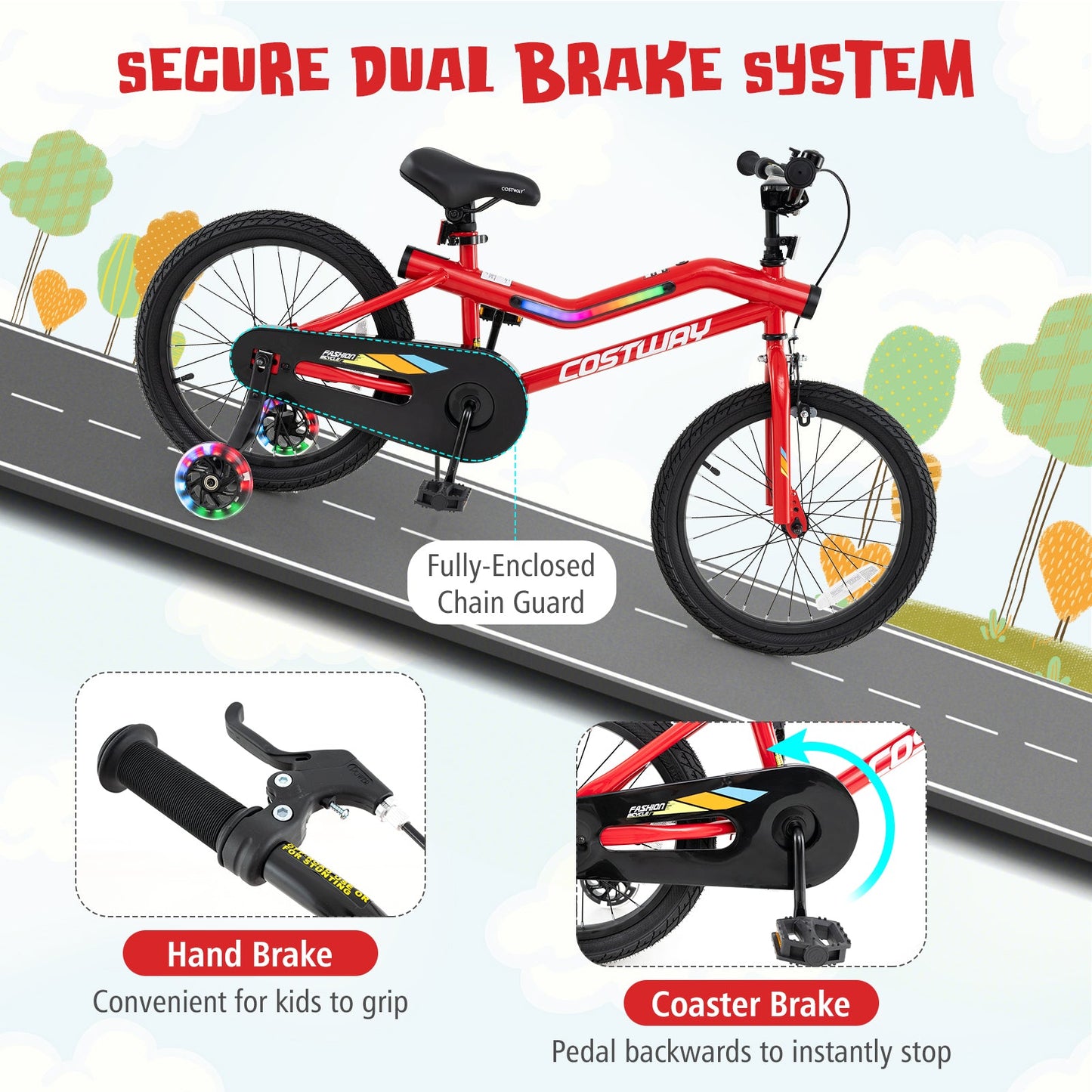 Bicicleta para Niños de 18 Pulgadas con Luces LED - Bicicleta de Acero Carbono Ajustable
