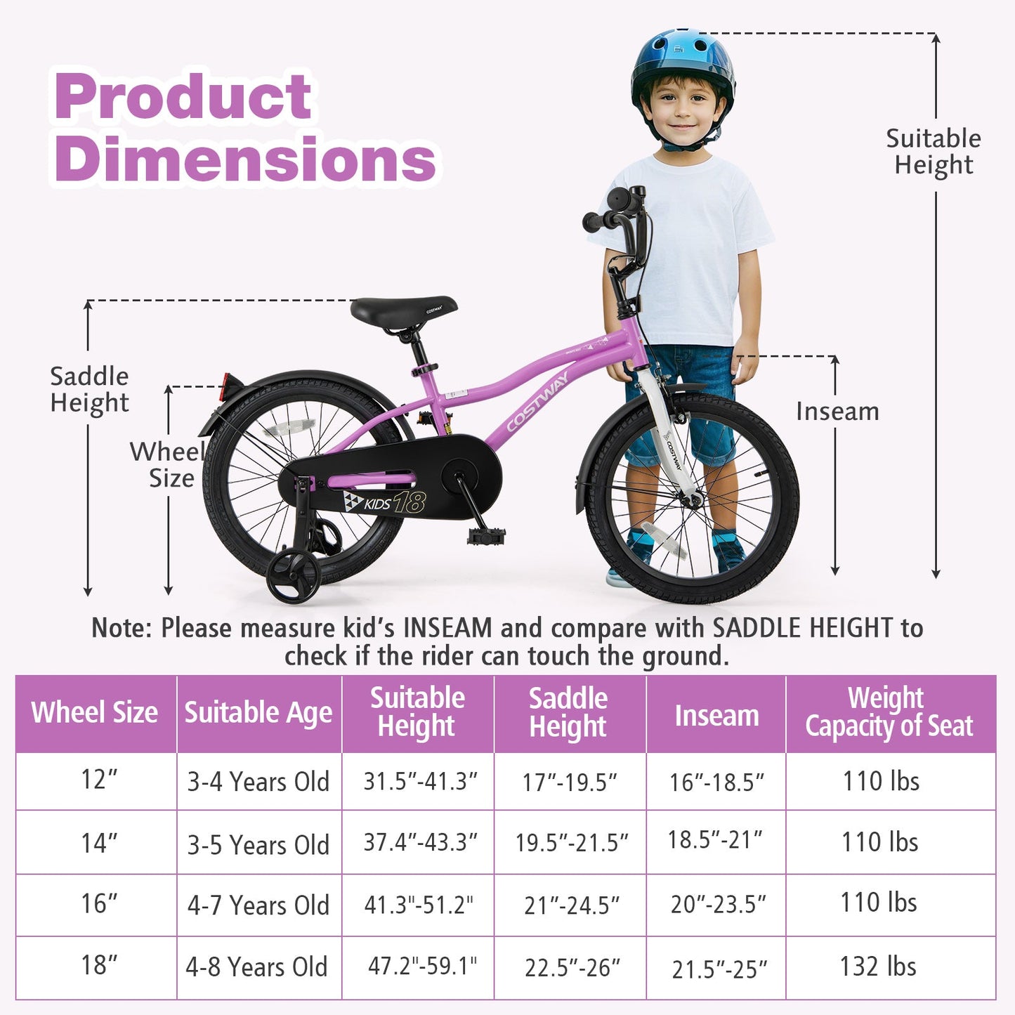 Vélo d'entraînement Gbruno de 18 pouces pour enfants de 4 à 8 ans