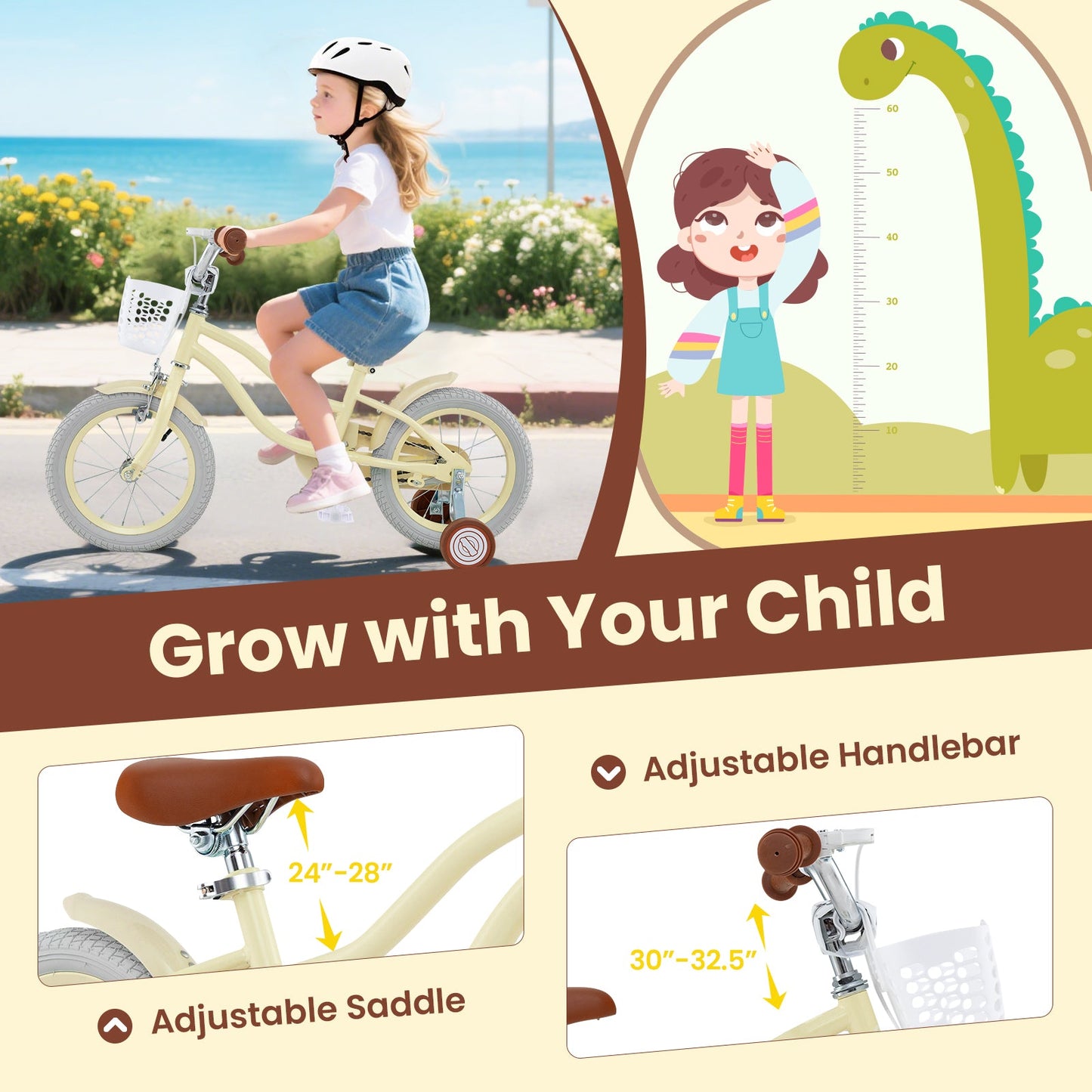 Vélo pour enfants réglable avec roues d'entraînement pour les 3-8 ans