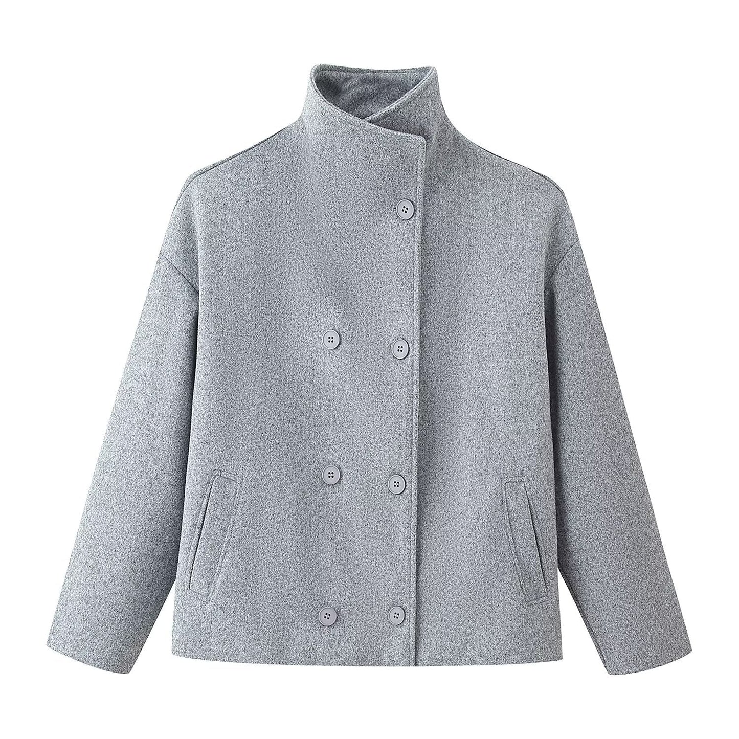 Womens Short Wool Coat with Stand Collar and Double-Breasted Buttons