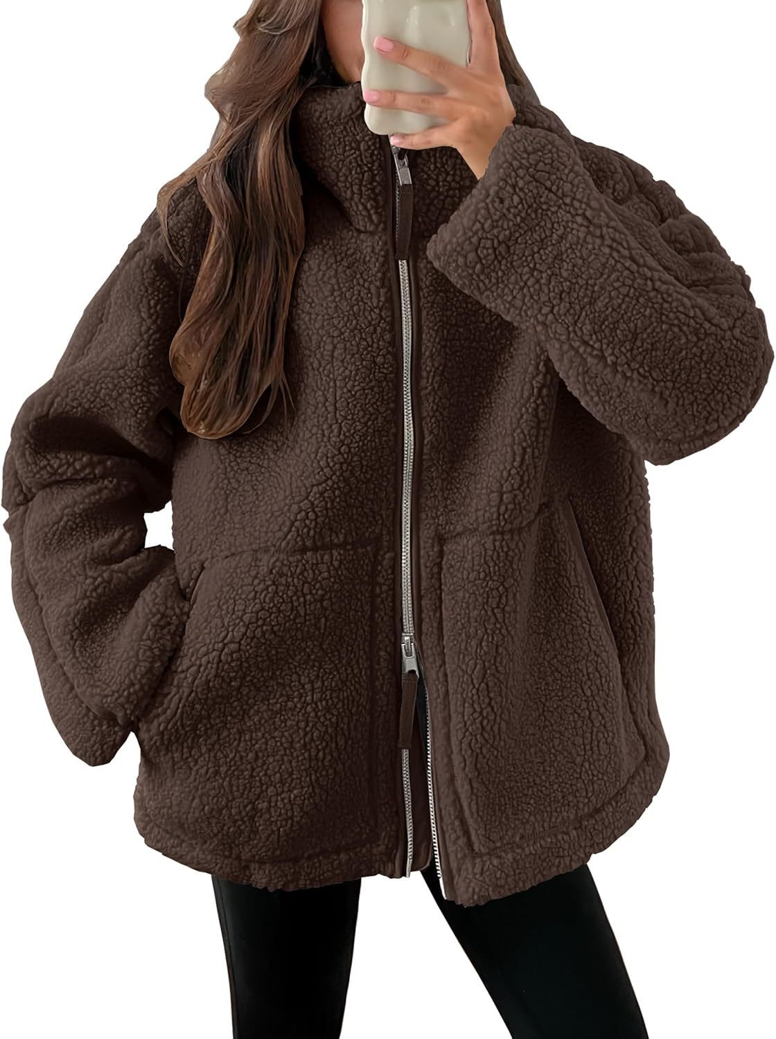 Manteau élégant d'hiver à col avec fermeture éclair et poches