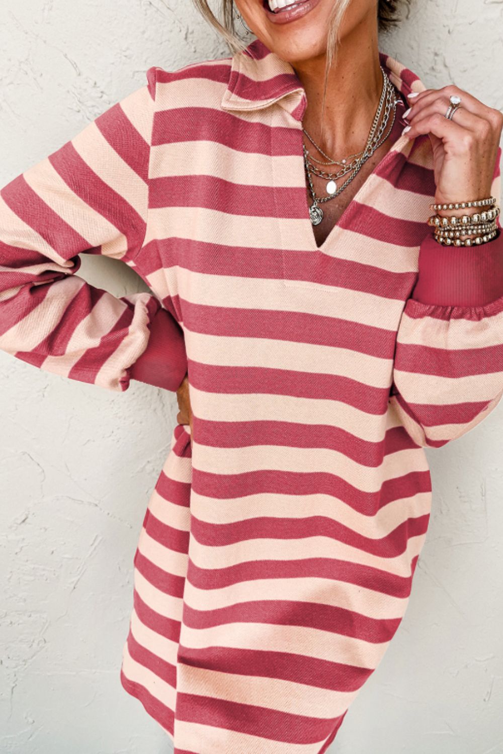 Chic Black Striped Collar Long Sleeve Mini Dress - Effortlessly Elegant Casual Wear for Women - Korvel