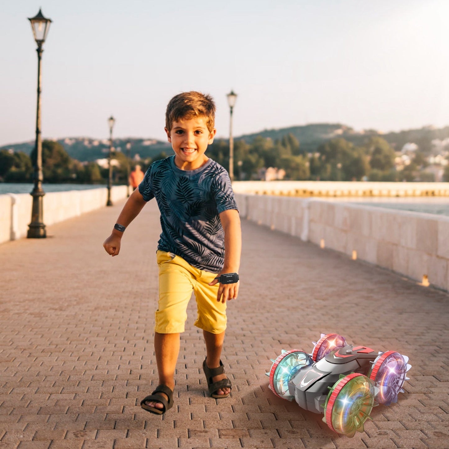 2 In 1 Amphibious RC Car Waterproof Stunt Car with Wrist Controller 4WD 360° Rotating Gesture Car with RGB Lights for Kids Aged 6+ Years Old Double-si - Korvel