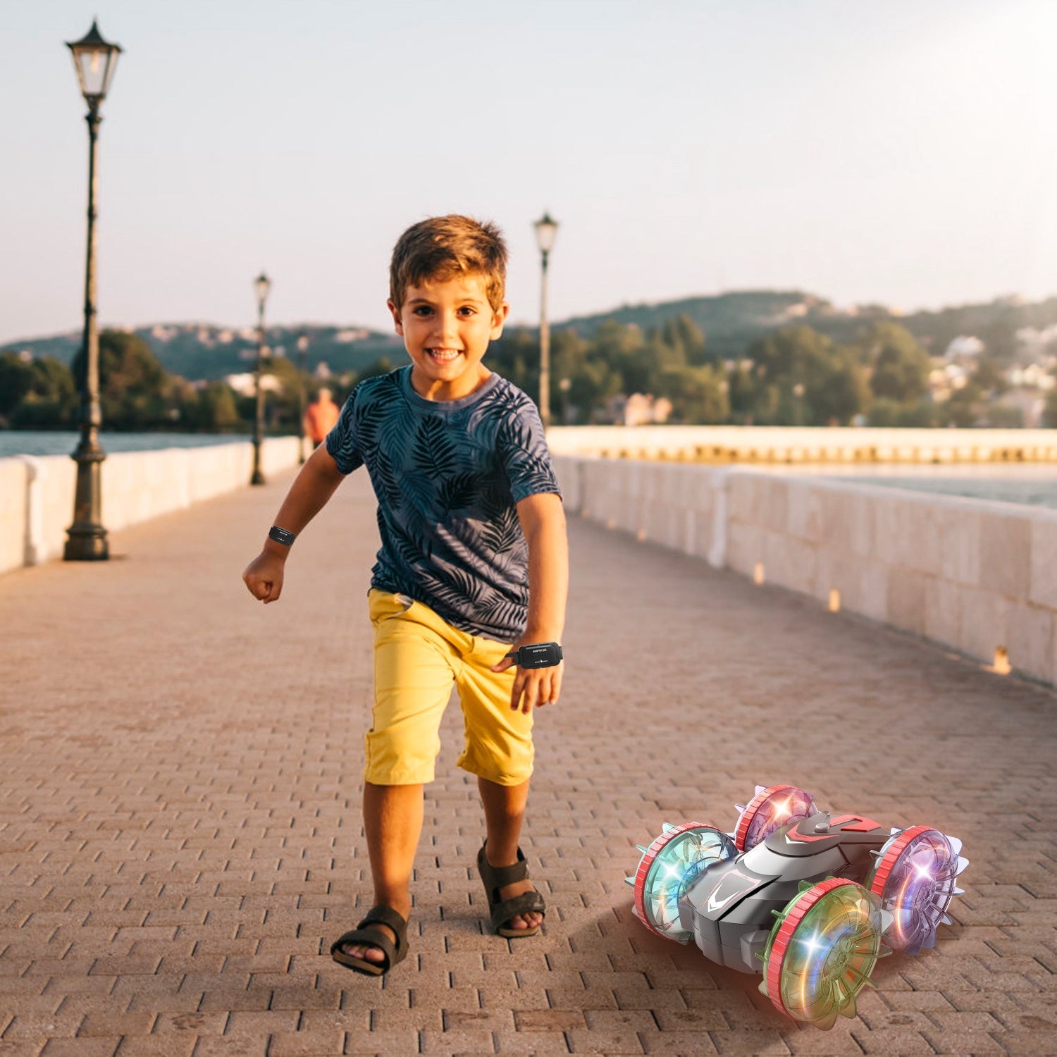 2 In 1 Amphibious RC Car Waterproof Stunt Car with Wrist Controller 4WD 360° Rotating Gesture Car with RGB Lights for Kids Aged 6+ Years Old Double-si - Korvel