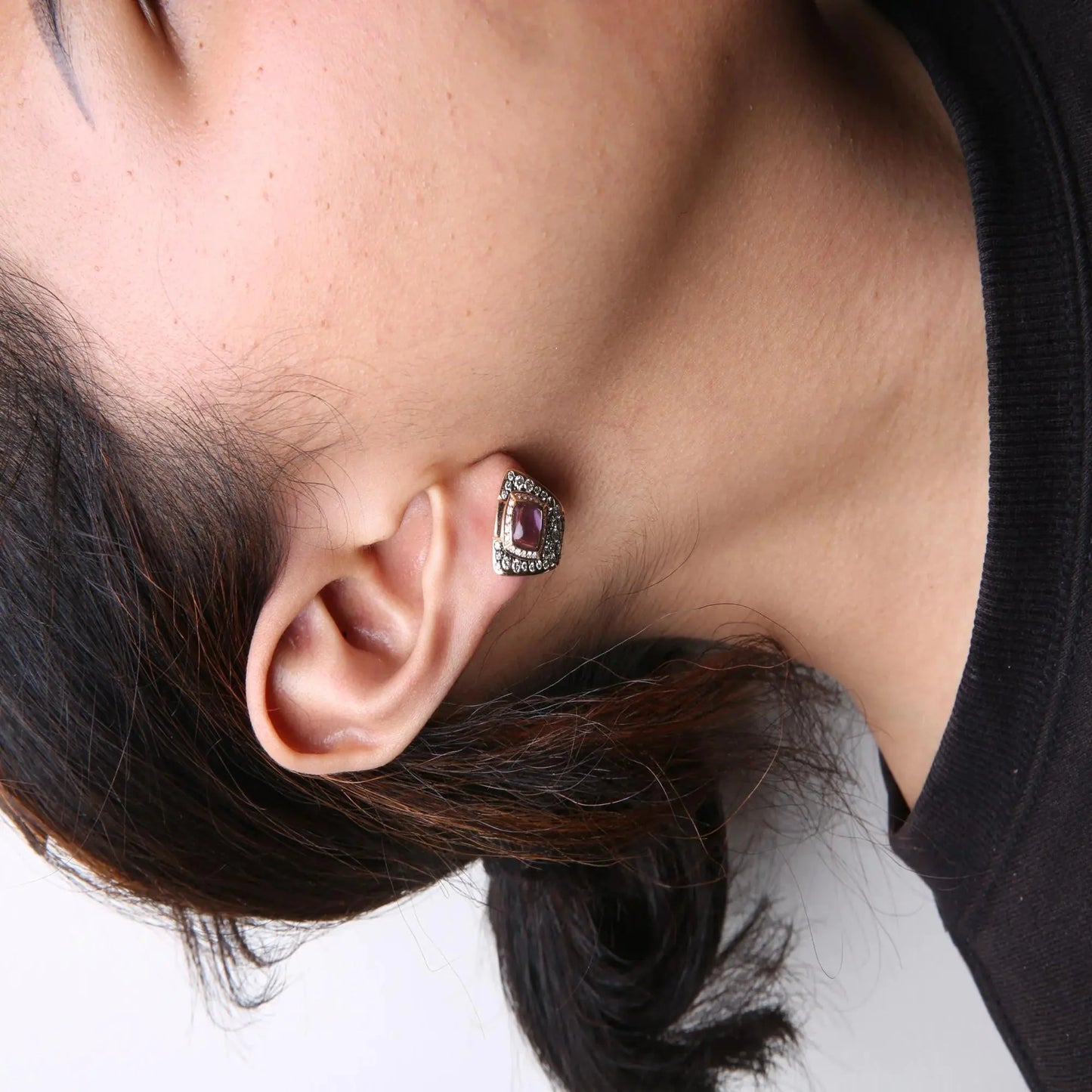 Boucles d'oreilles géométriques en diamant et améthyste en or rose 18K