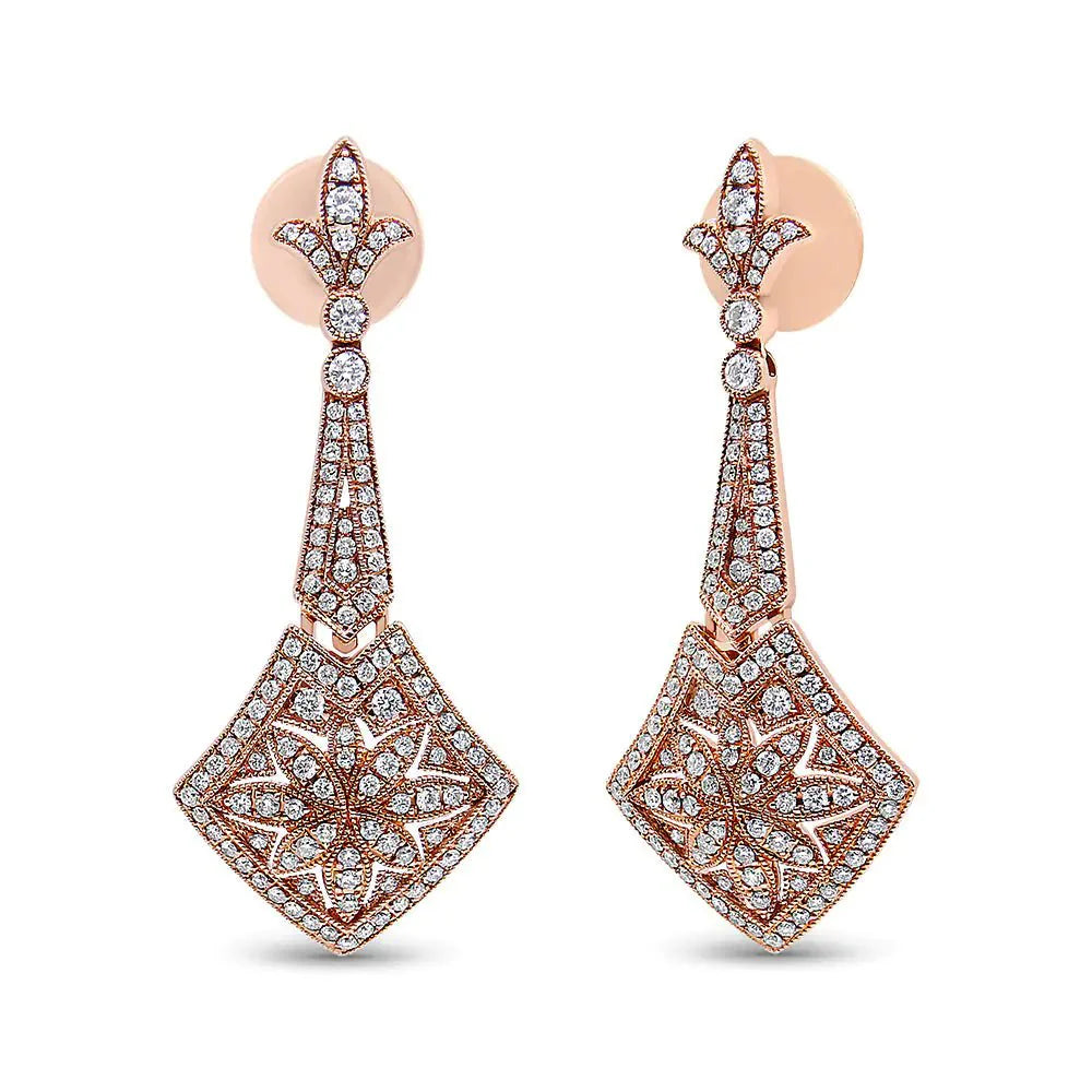 Pendientes Colgantes Fleur De Lis de Diamante en Oro Rosa de 18K