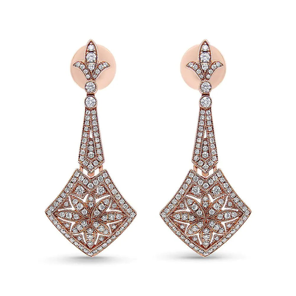 Pendientes Colgantes Fleur De Lis de Diamante en Oro Rosa de 18K