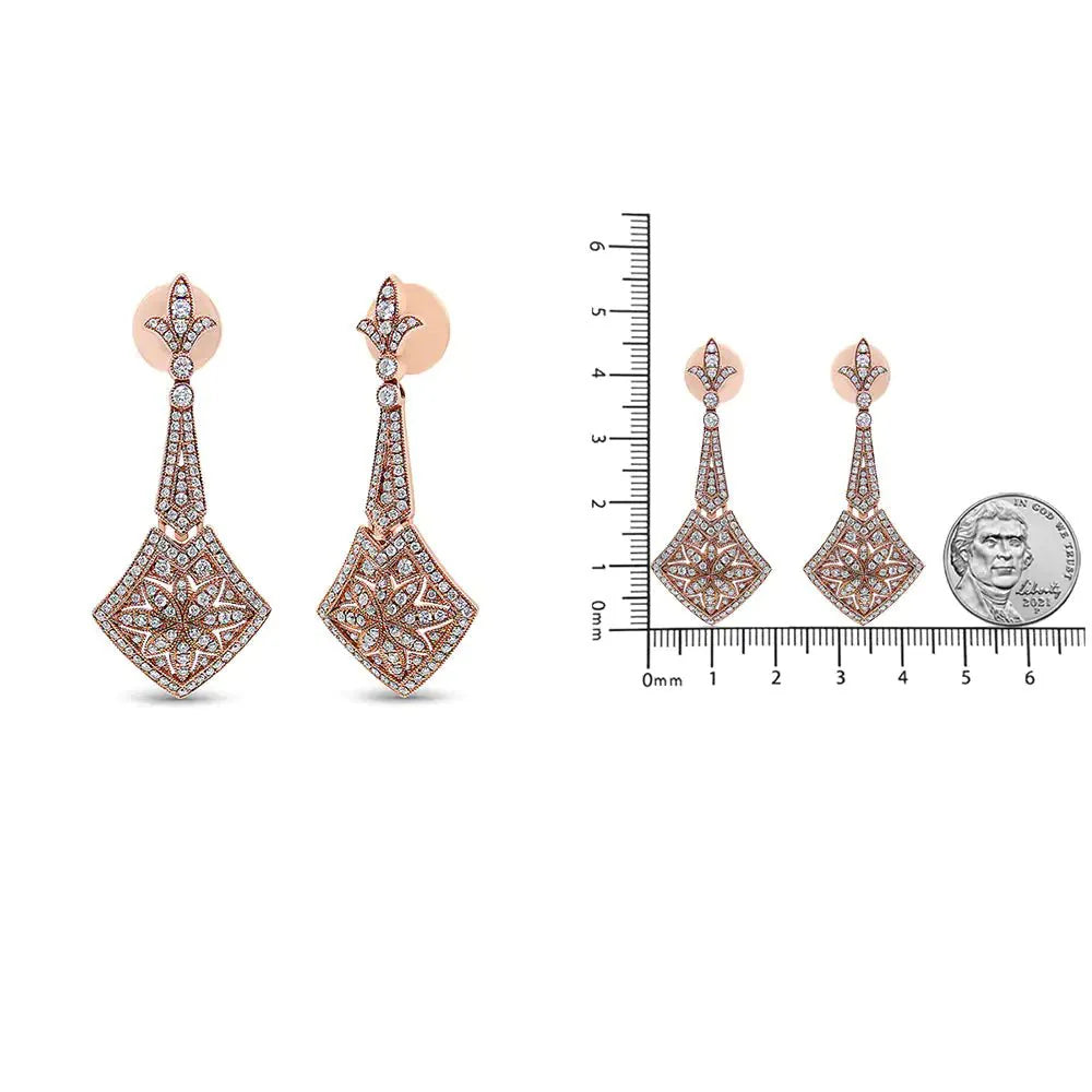 Pendientes Colgantes Fleur De Lis de Diamante en Oro Rosa de 18K