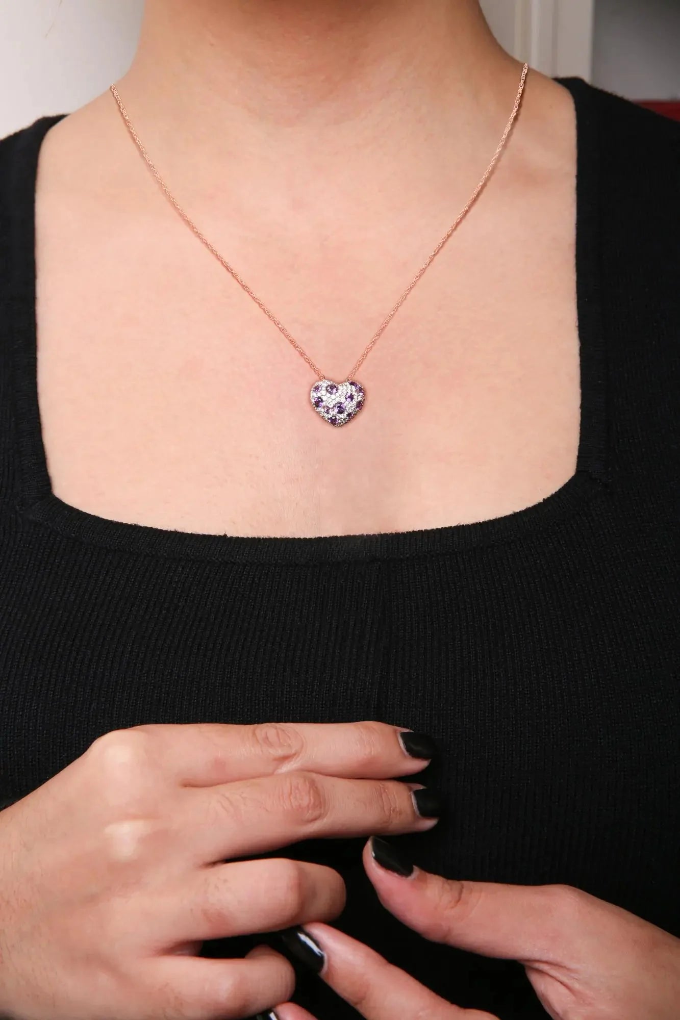 Collier Pendentif Cœur en Diamant et Améthyste en Or Rose 18K