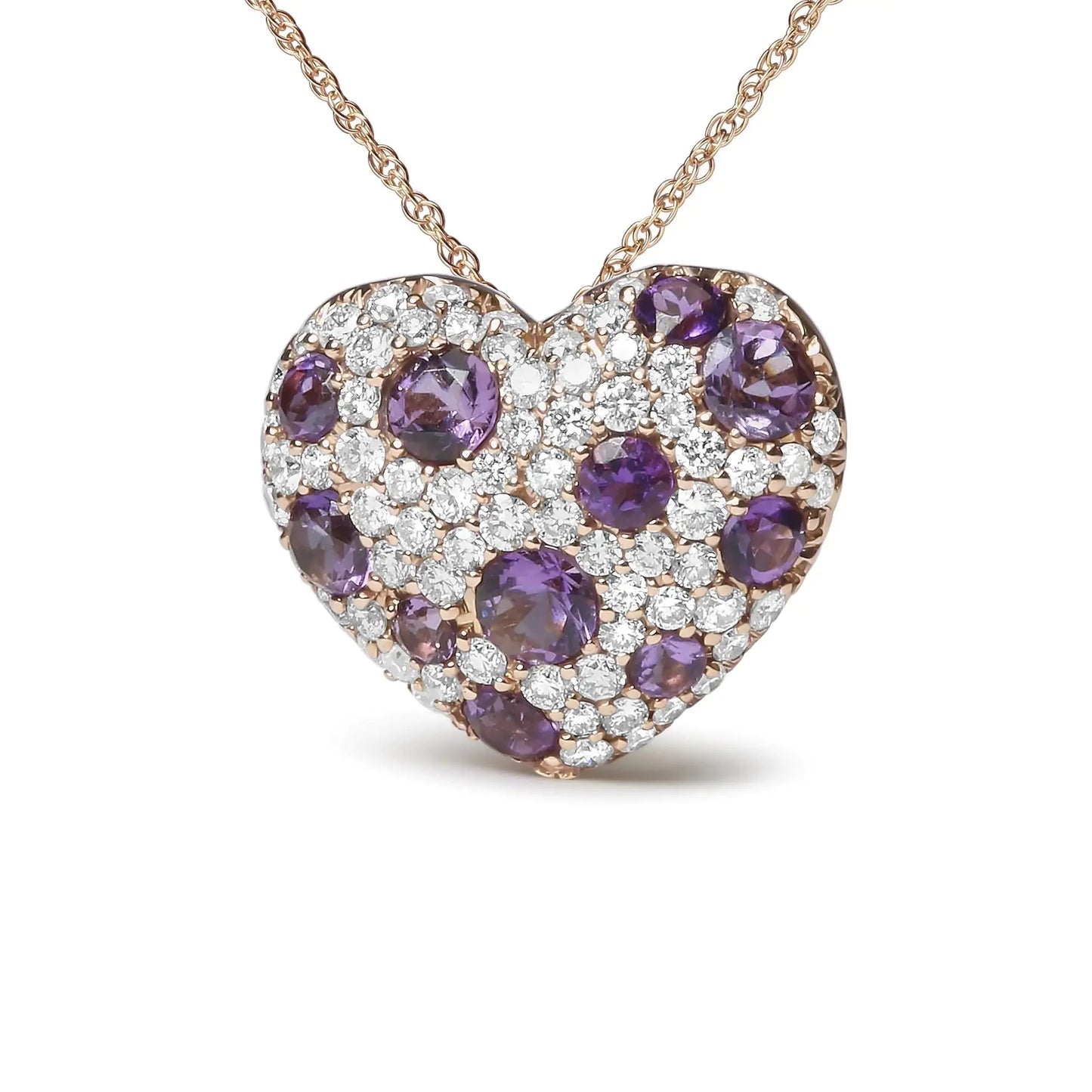 Collier Pendentif Cœur en Diamant et Améthyste en Or Rose 18K