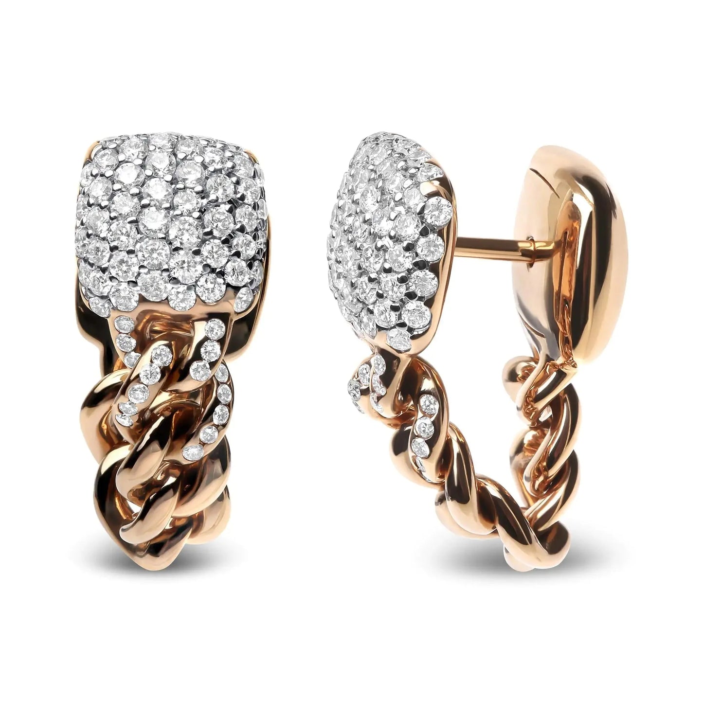 Boucles d'oreilles Huggie en or rose 18K avec diamants pavés de style cubain