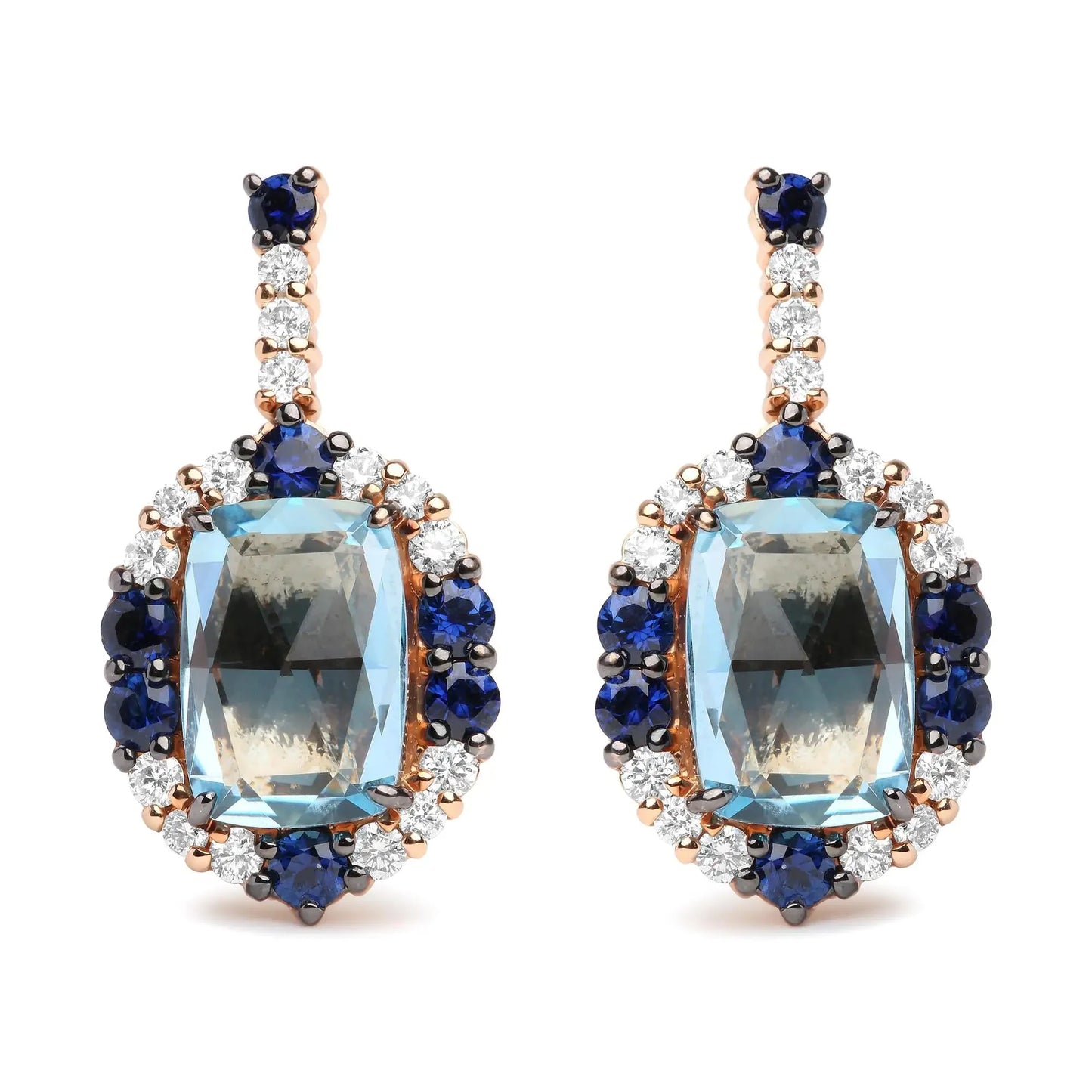 Boucles d'oreilles pendantes en diamant et saphir bleu en or blanc et rose 18K