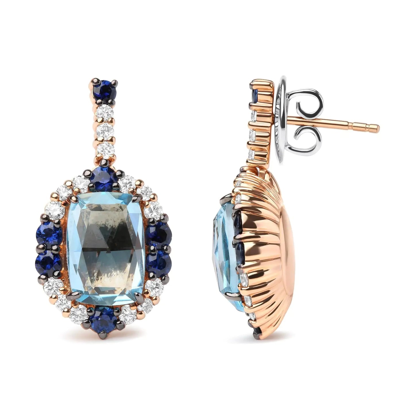 Boucles d'oreilles pendantes en diamant et saphir bleu en or blanc et rose 18K