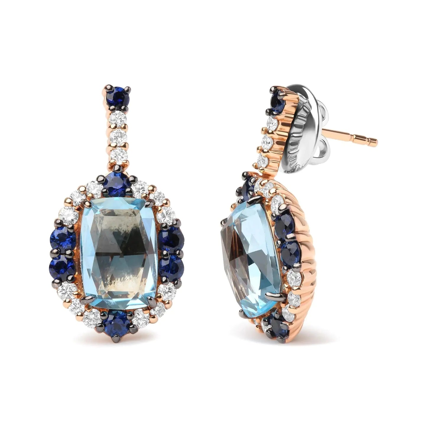 Boucles d'oreilles pendantes en diamant et saphir bleu en or blanc et rose 18K