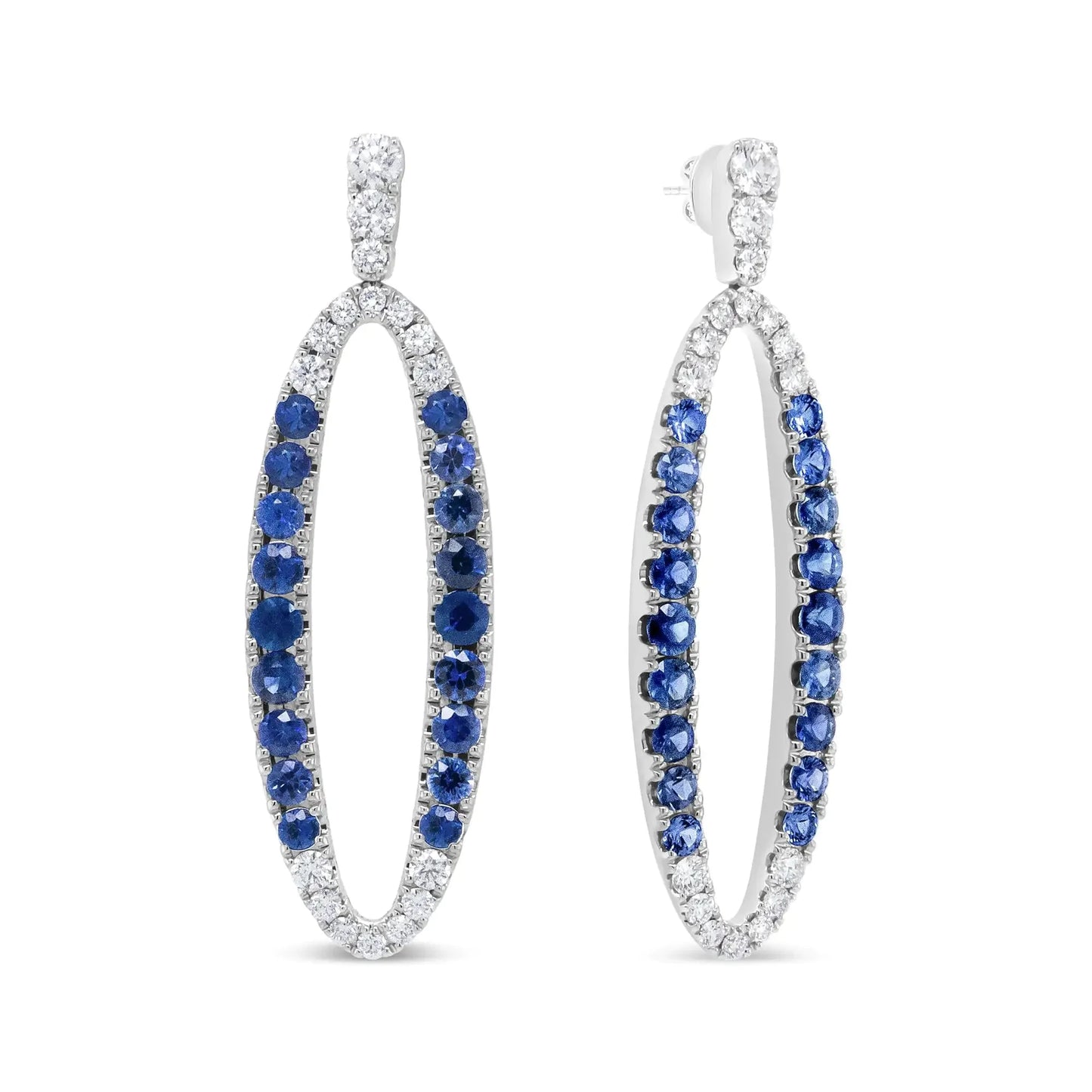 Boucles d'oreilles pendantes en or blanc 18K avec diamants bleus et saphirs