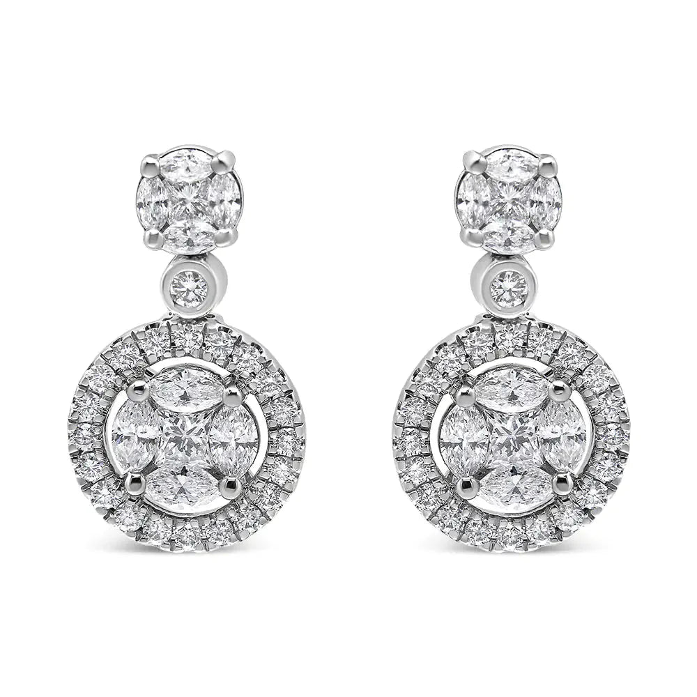 Pendientes de aro colgantes con halo de diamantes en oro blanco de 18 quilates