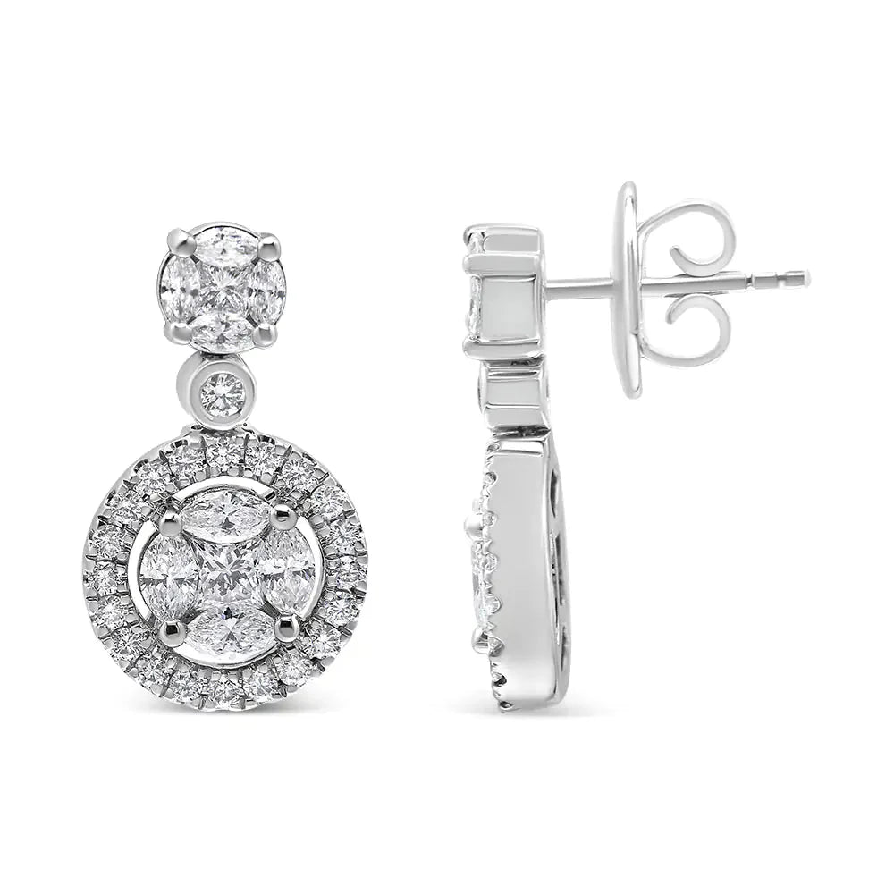 Pendientes de aro colgantes con halo de diamantes en oro blanco de 18 quilates