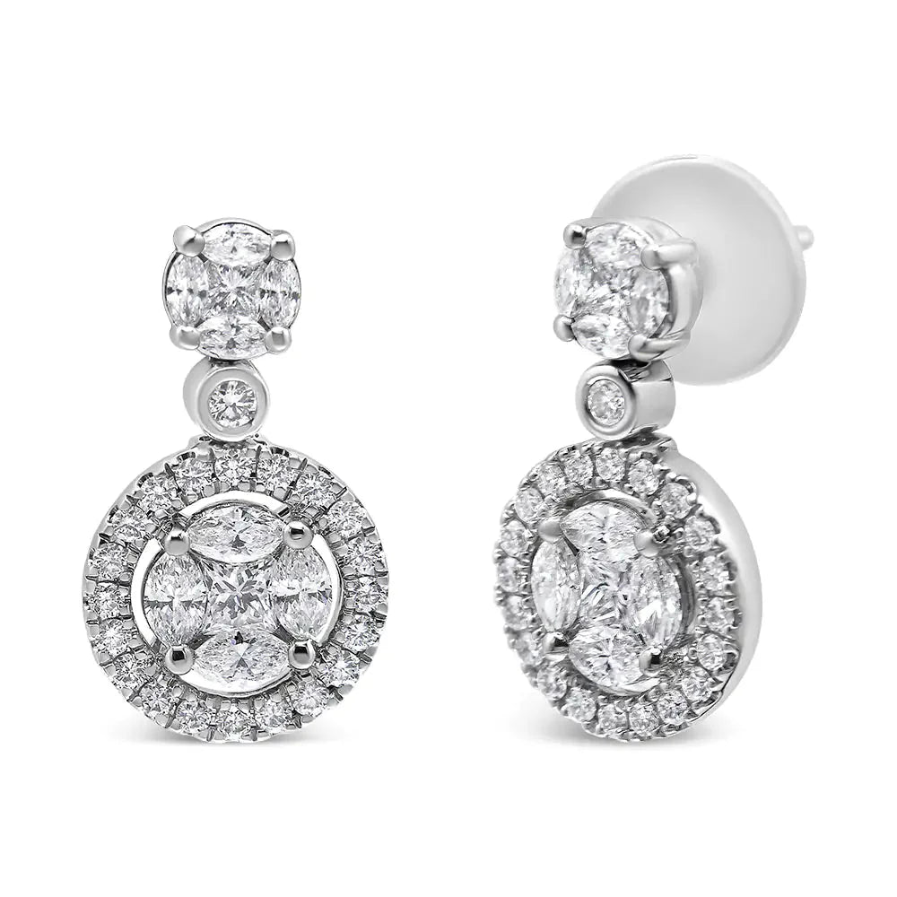 Pendientes de aro colgantes con halo de diamantes en oro blanco de 18 quilates