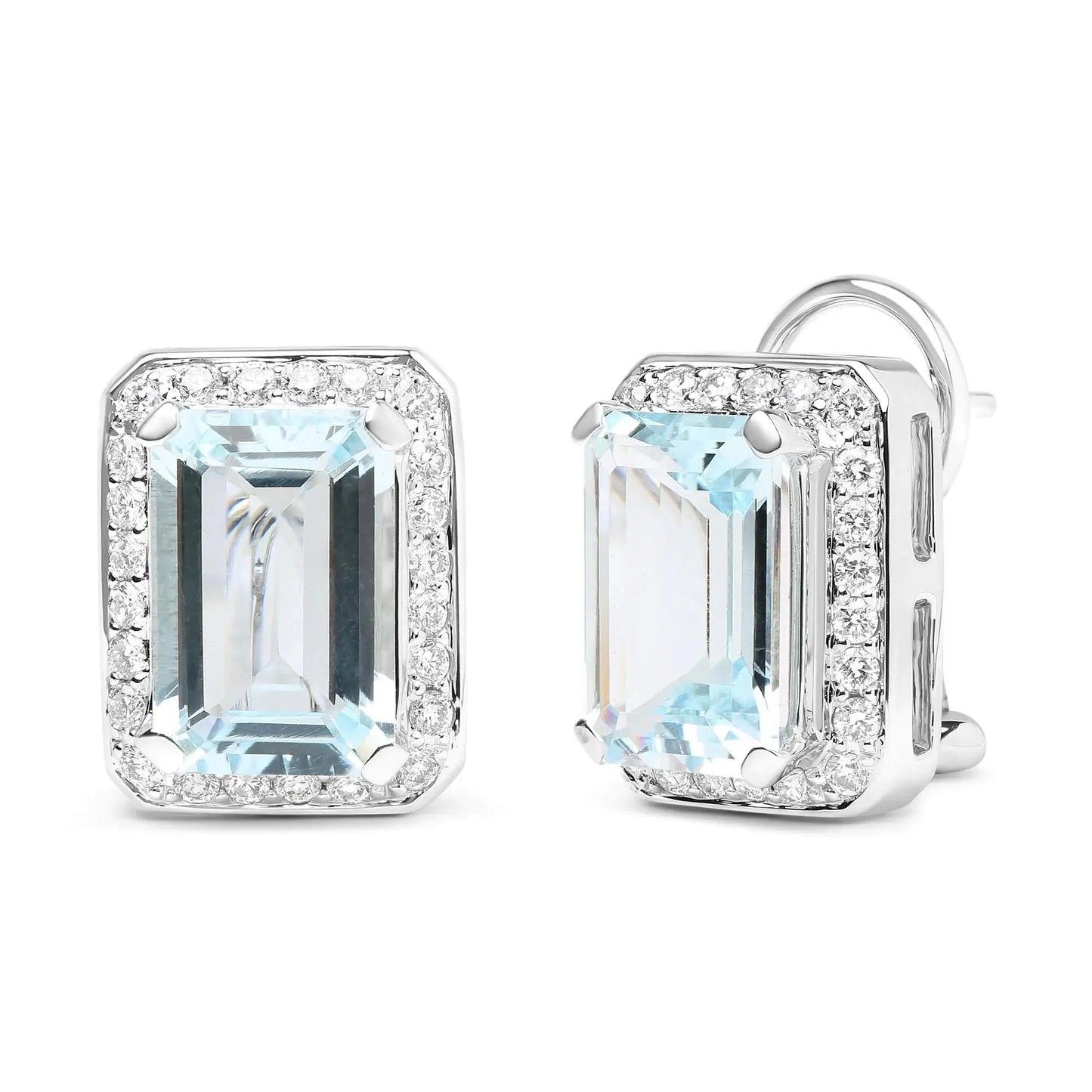 Pendientes de Stud Halo Omega de Diamante y Aguamarina en Oro Blanco de 18K