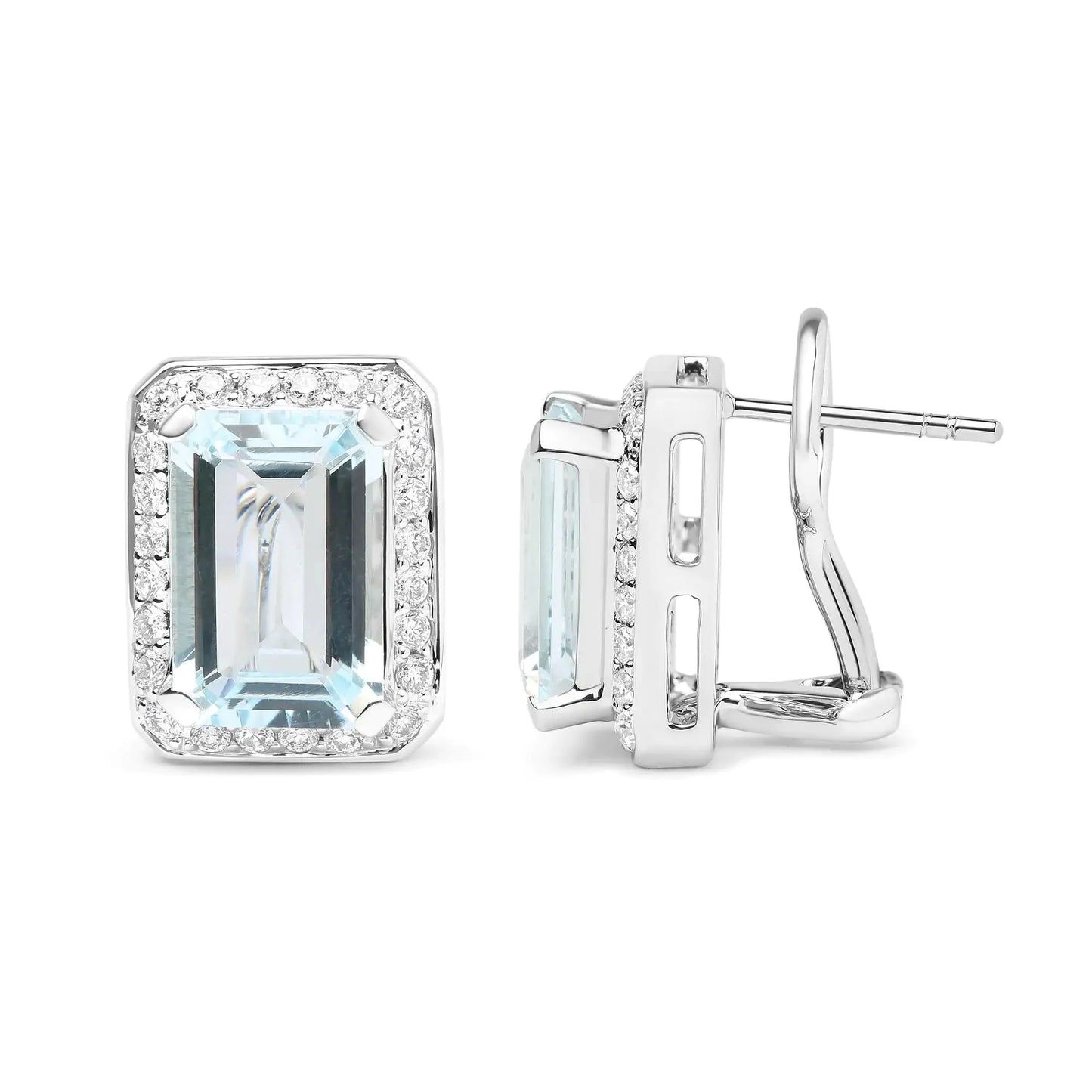 Pendientes de Stud Halo Omega de Diamante y Aguamarina en Oro Blanco de 18K