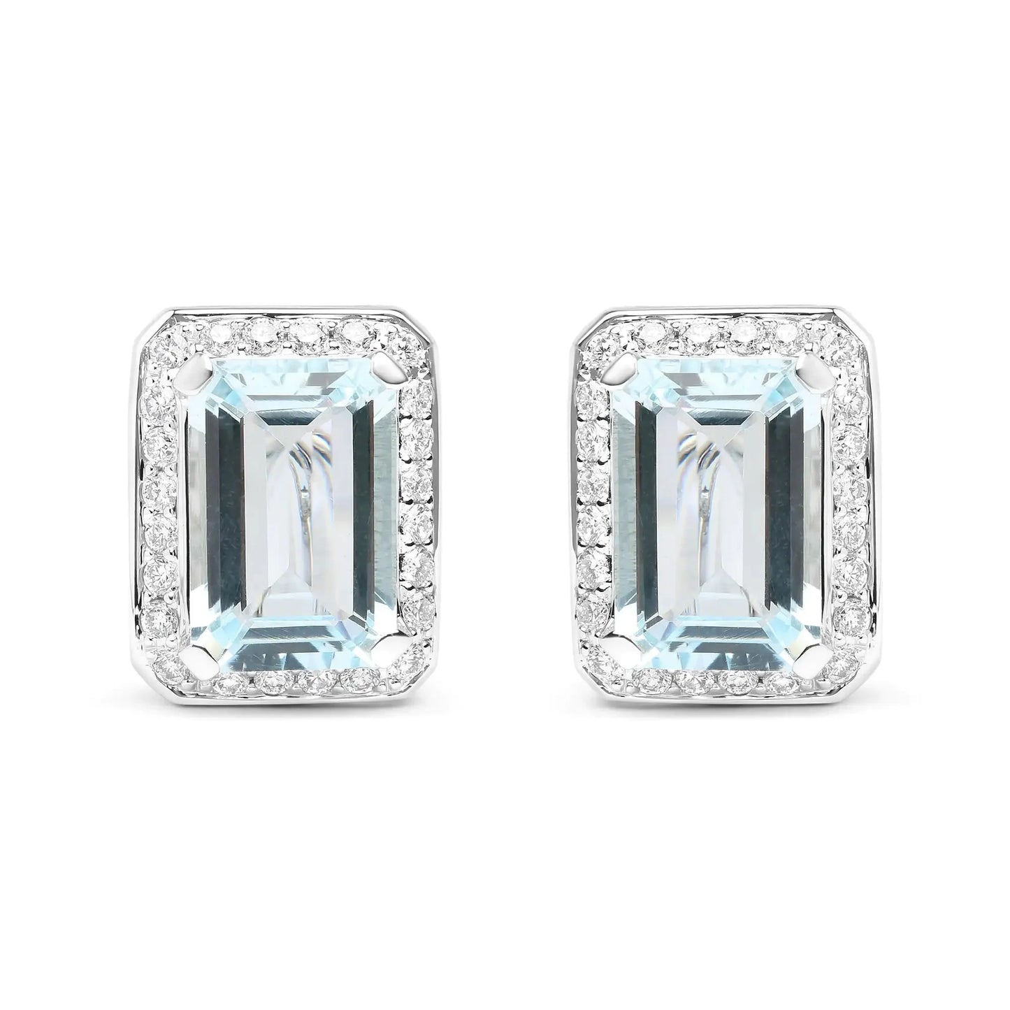 Pendientes de Stud Halo Omega de Diamante y Aguamarina en Oro Blanco de 18K