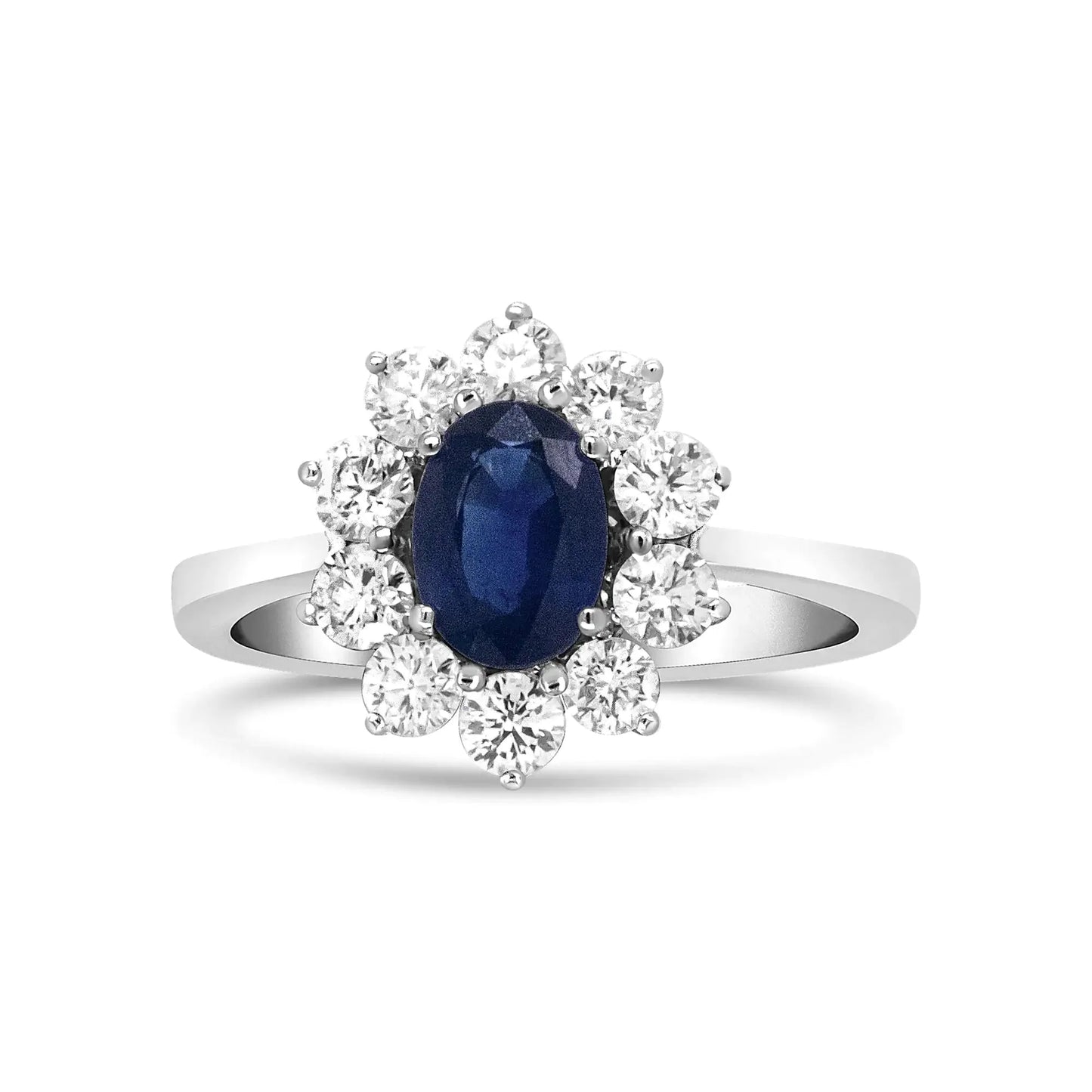 18K White Gold Oval Cut Blue Sapphire & Diamond Halo Ring