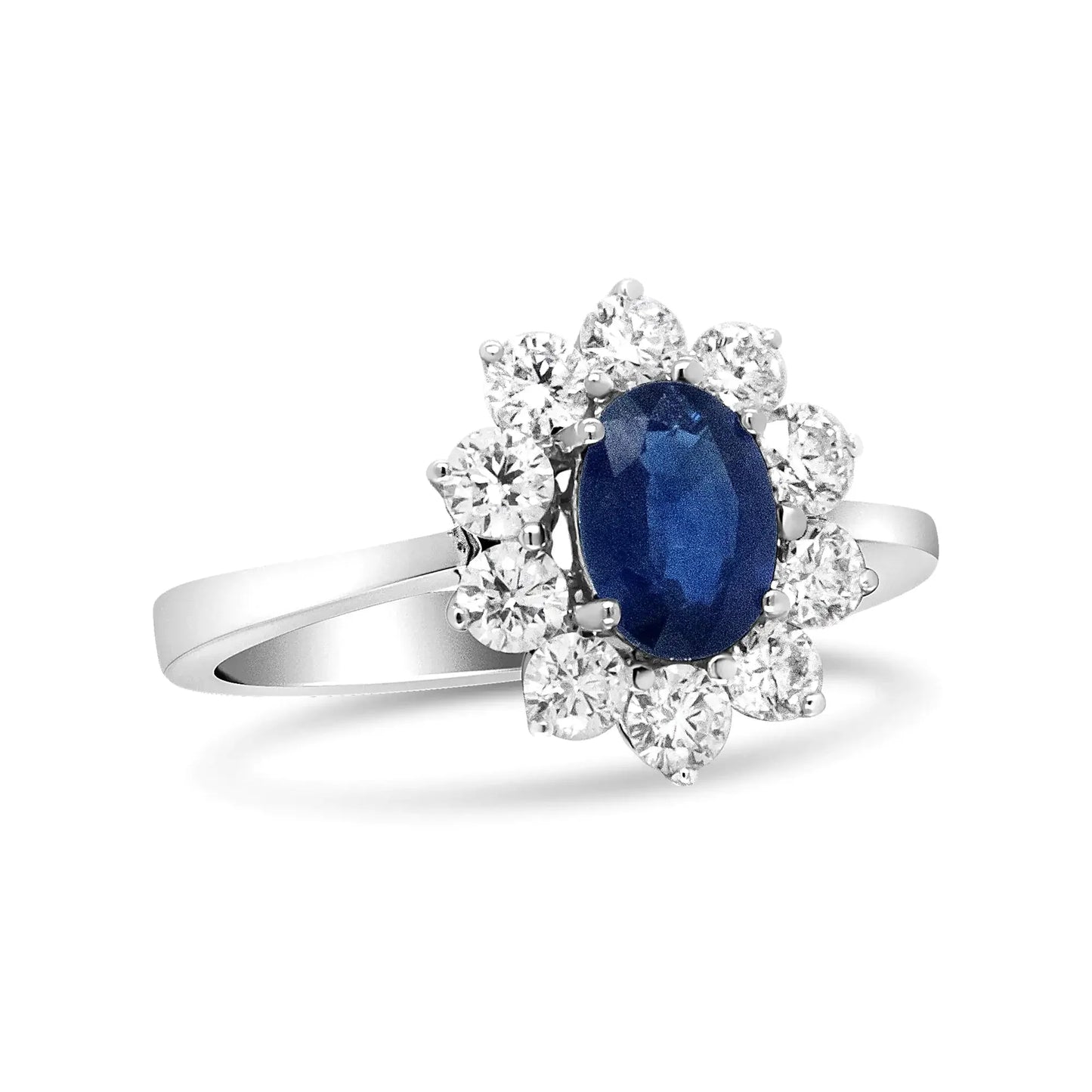 18K White Gold Oval Cut Blue Sapphire & Diamond Halo Ring