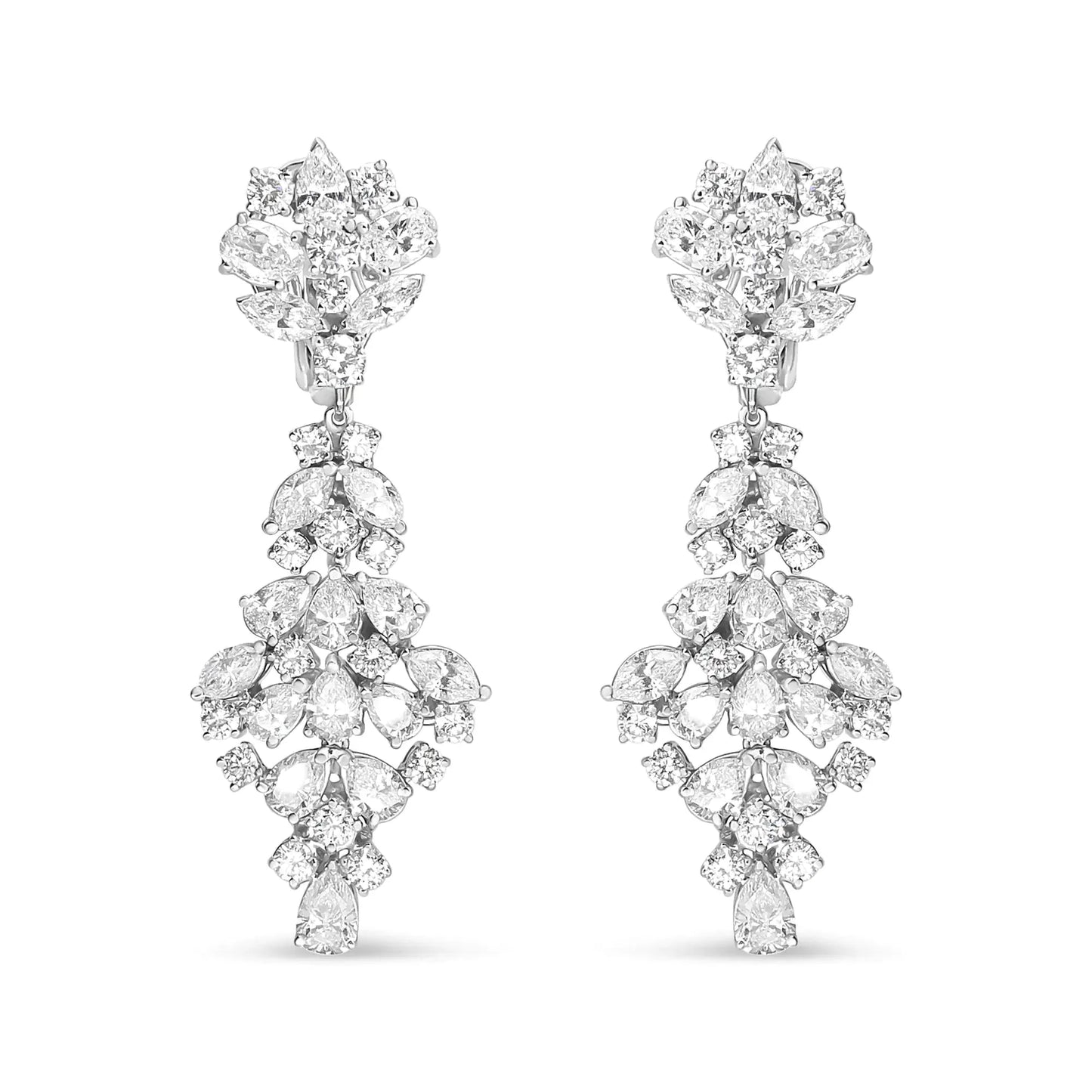 18K White Gold Diamond Cluster Drop Dangle Clip-On Earrings