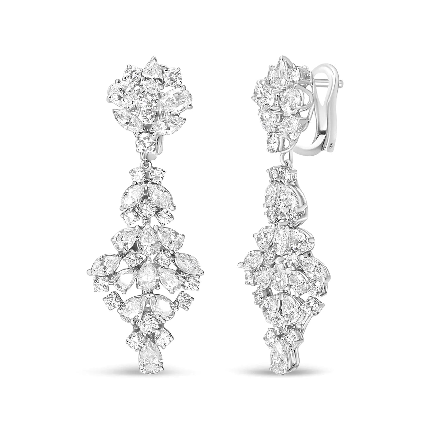 18K White Gold Diamond Cluster Drop Dangle Clip-On Earrings