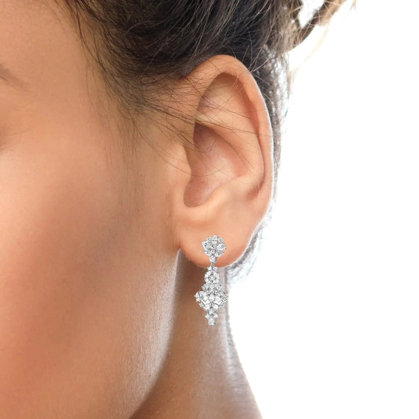 18K White Gold Diamond Cluster Drop Dangle Clip-On Earrings