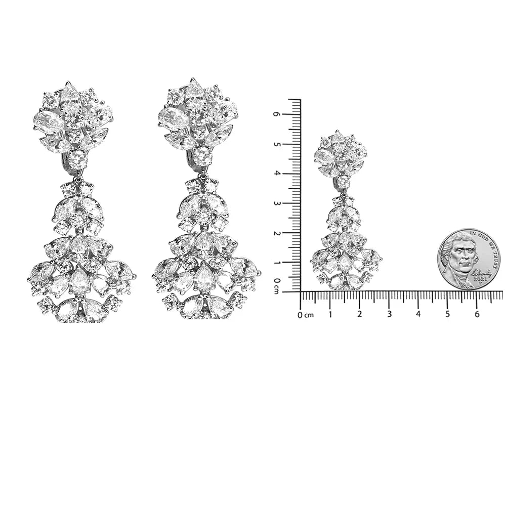 18K White Gold Diamond Cluster Drop Dangle Clip-On Earrings