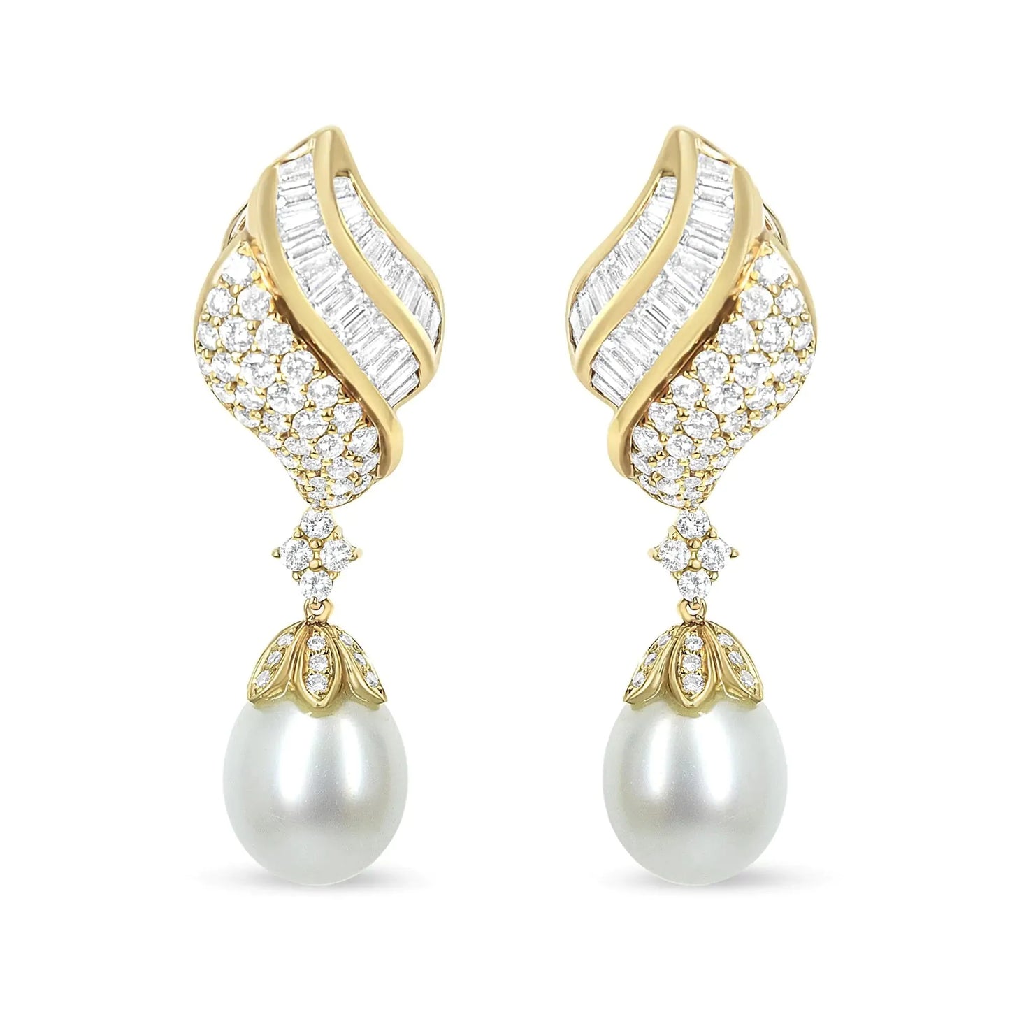 18k Yellow Gold Diamond and South Sea Pearl Drop Dangle Clip-On Earrings