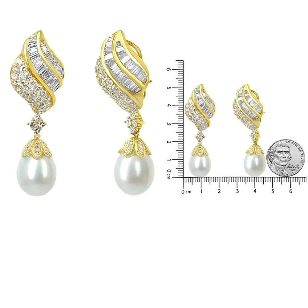 18k Yellow Gold Diamond and South Sea Pearl Drop Dangle Clip-On Earrings