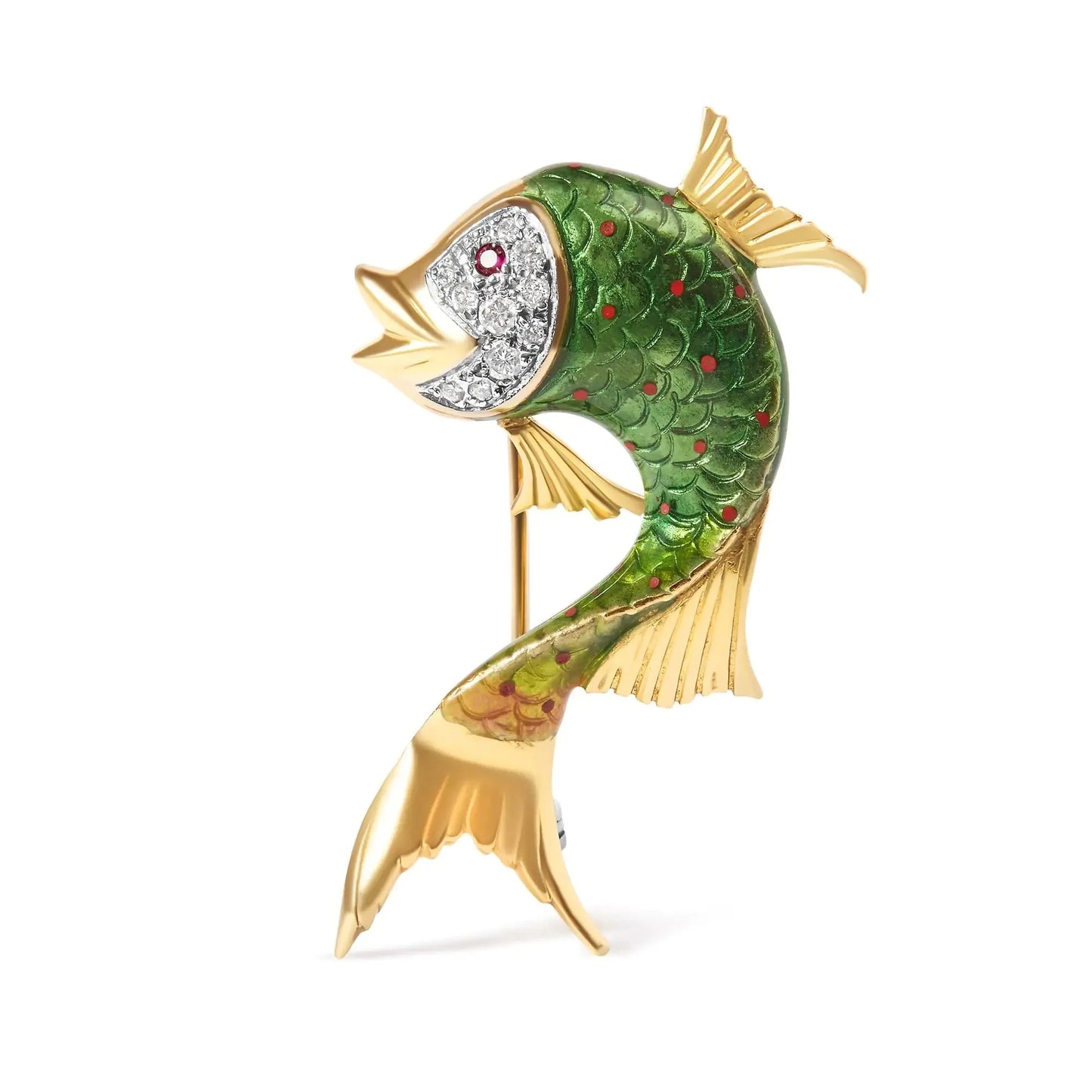 Broche de Pescado de Oro Amarillo de 18K con Esmalte Verde, Diamantes y Zafiro Rosa
