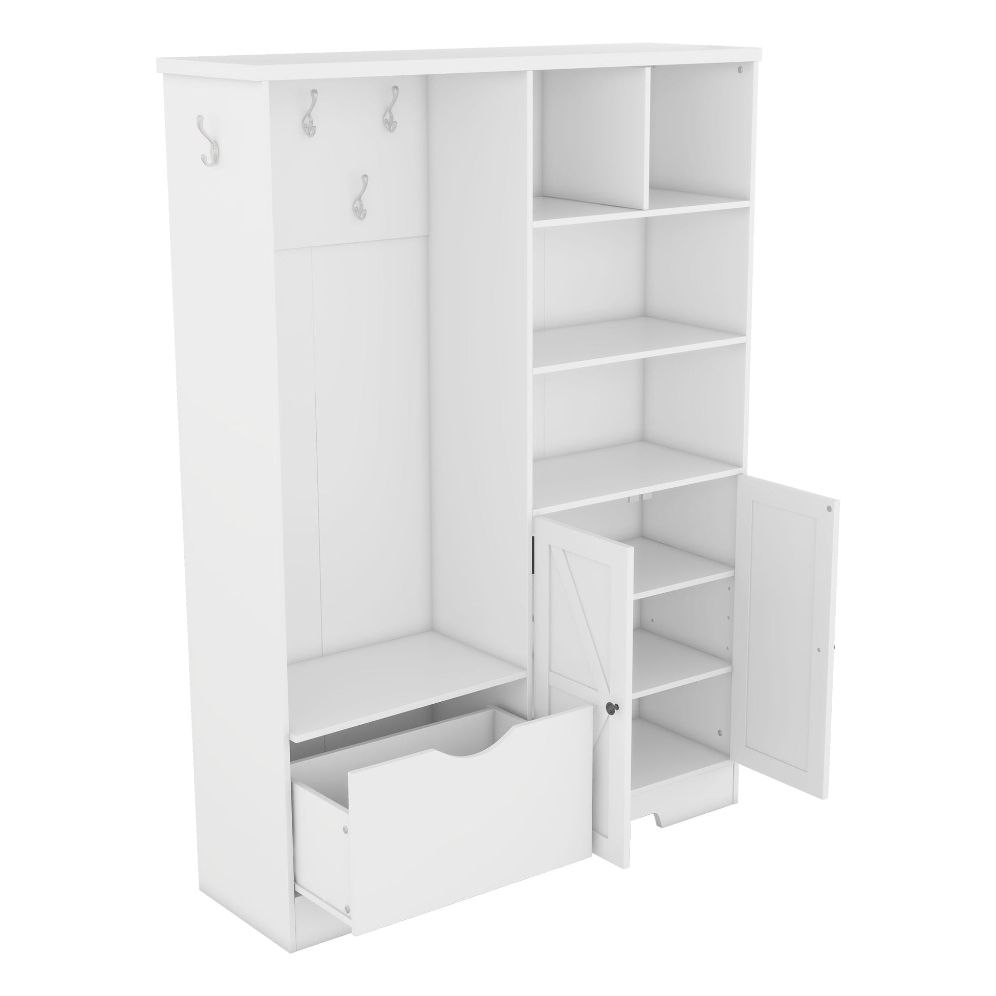 Multi-functional Hall Tree with Storage Shelves Drawers Cabinet Elegant Hallway Shoe Cabinet with Bench Modern Coat Rack White - Korvel