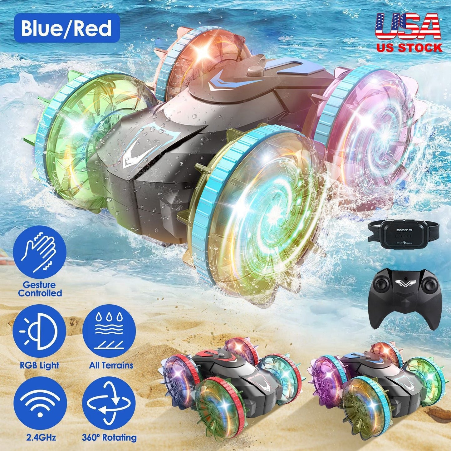 Voiture RC amphibie 2 en 1 avec contrôle gestuel et lumières RGB
