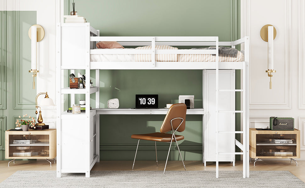 Wood Loft Bed with Cabinet and Bookshelf, Full Size Loft with Wardrobe and Desk for Kids,White - Korvel