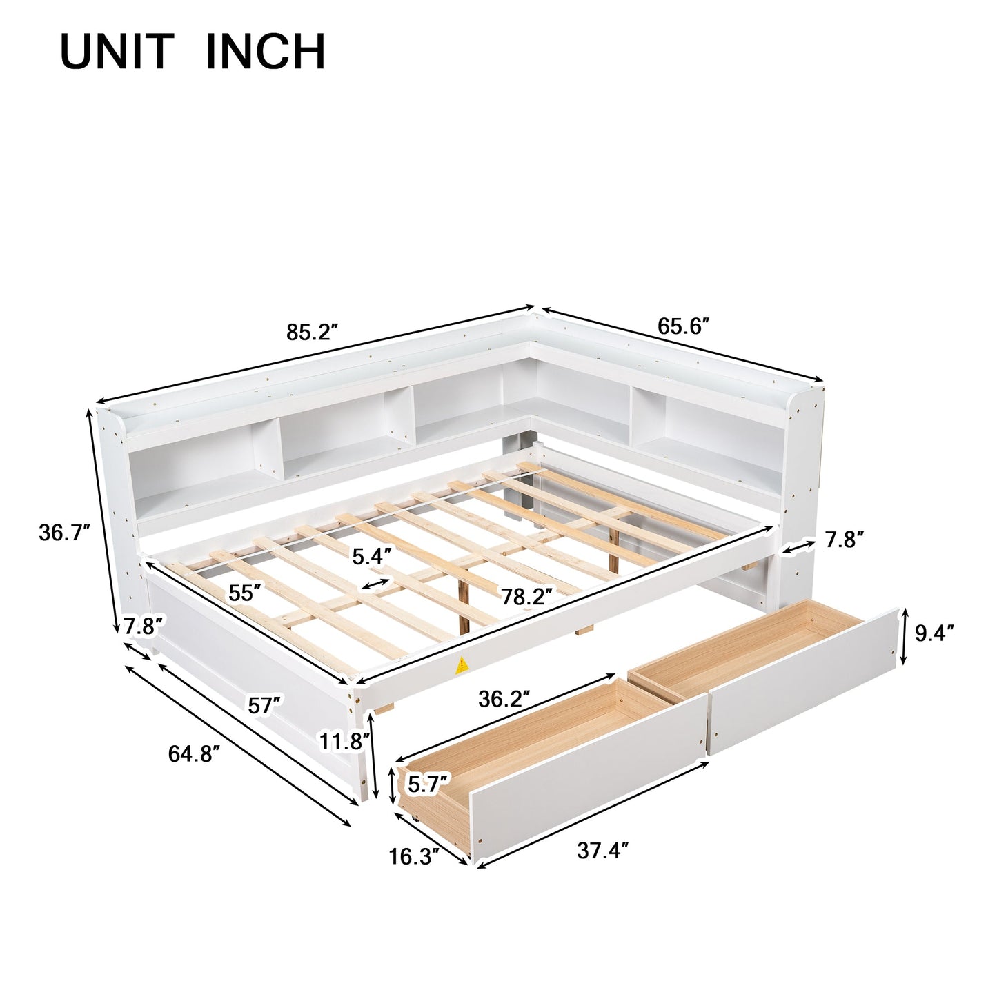 Elegant Full Bed with L-shaped Bookcases and Drawers in White