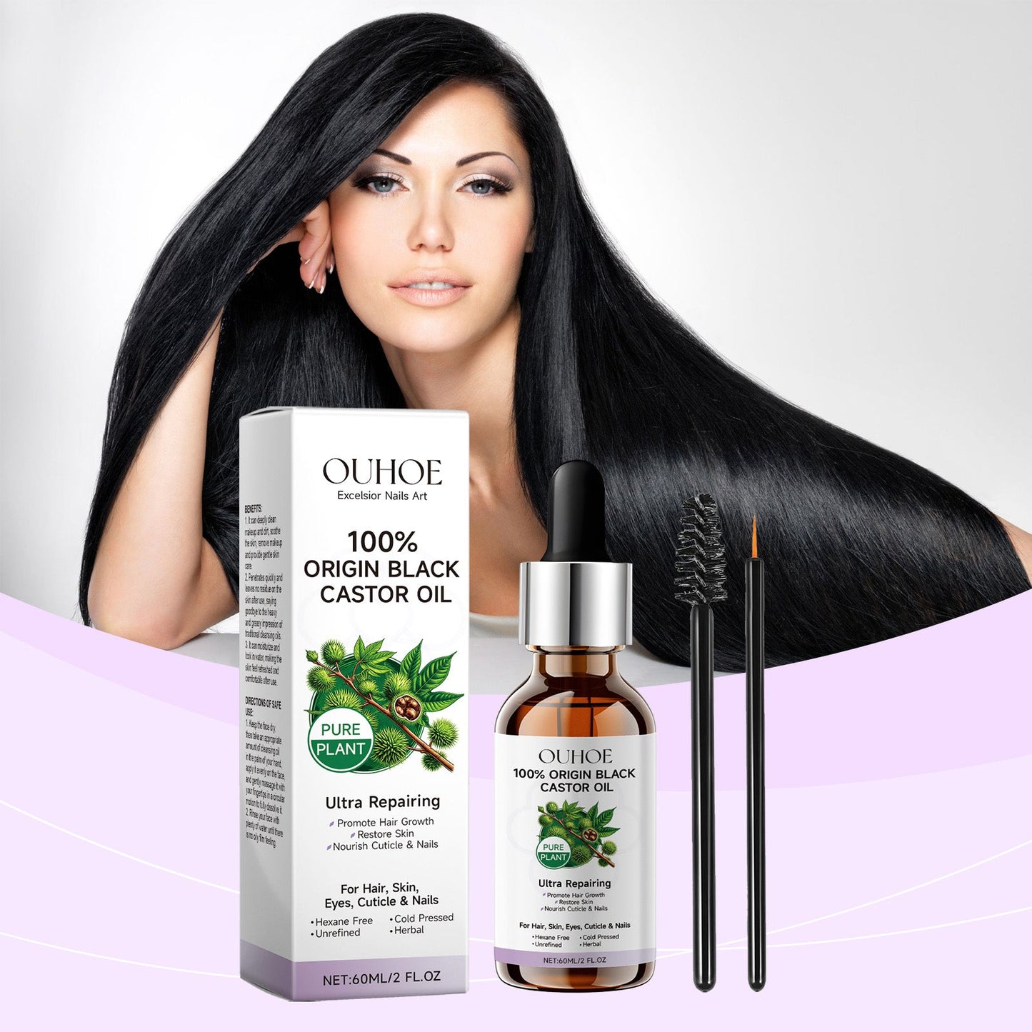 Ouhoe Black Castor Oil Eyebrow Eyelash Hair Soft Shine Skin Care Multi-Effect Care Essential Oil - Korvel