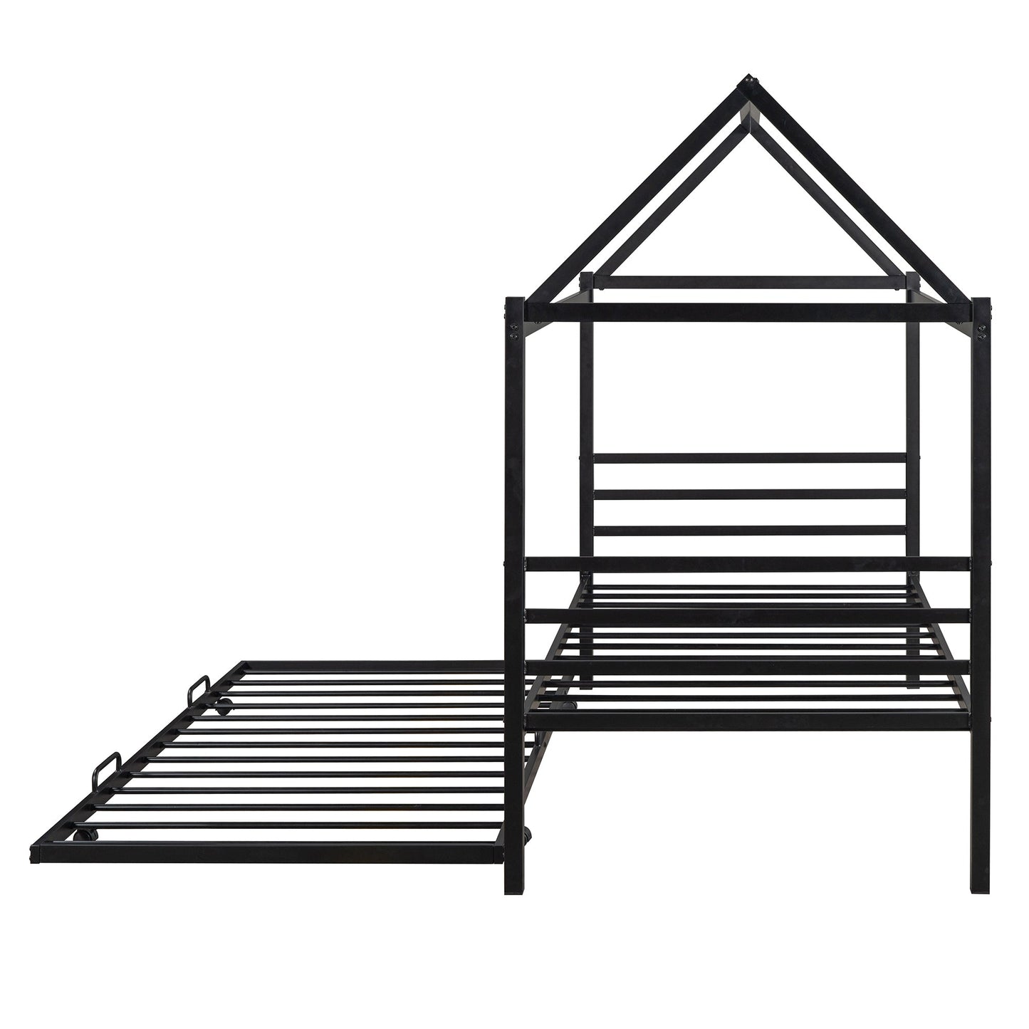 Twin Size Metal House Shape Platform Bed with Trundle - Black