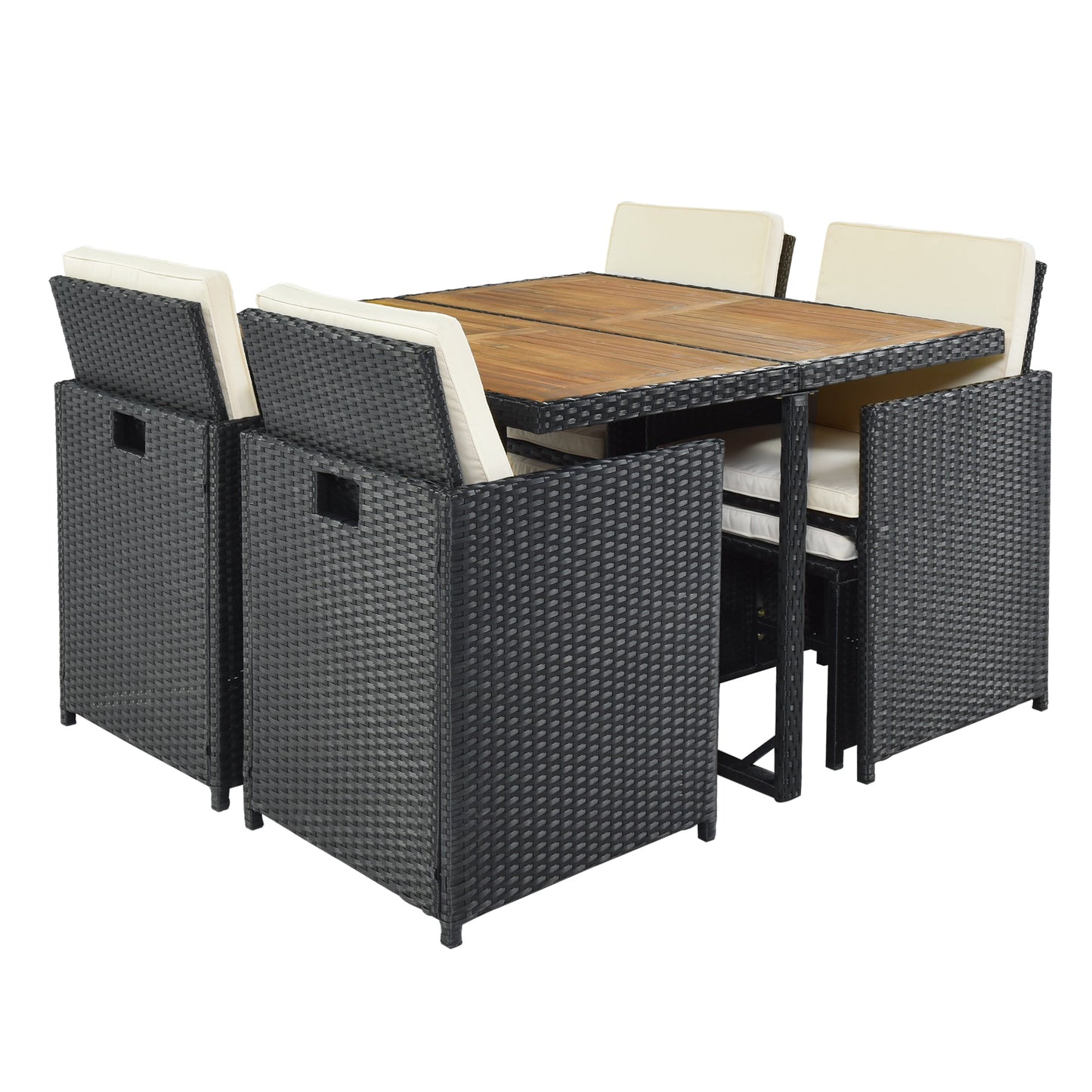 TOPMAX Patio All-Weather PE Wicker Dining Table Set with Wood Tabletop for 8, Black Rattan+Beige Cushion (9-Piece) - Korvel