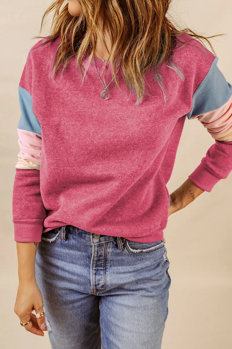 Color Block Round Neck Long Sleeve Sweatshirt - Korvel