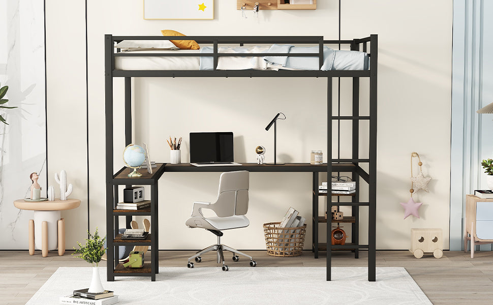 Full metal loft bed with desk and shelf, loft bed with ladder and guardrail, black with retro wood desk - Korvel