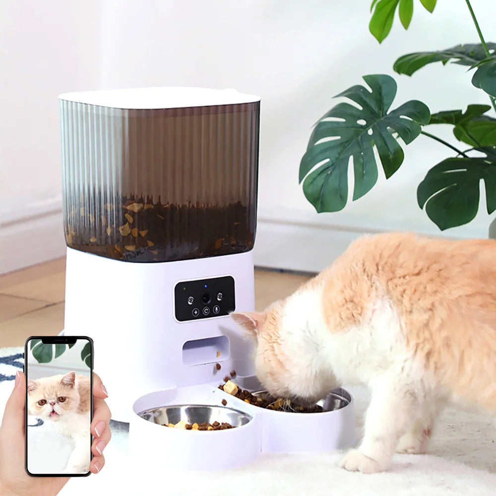 5L Double Bowls Smart Automatic Cat Feeder With Camera Cat Dry Food Video Dispenser Pet Smart Voice Recorder Auto Feeder For Dog - Korvel