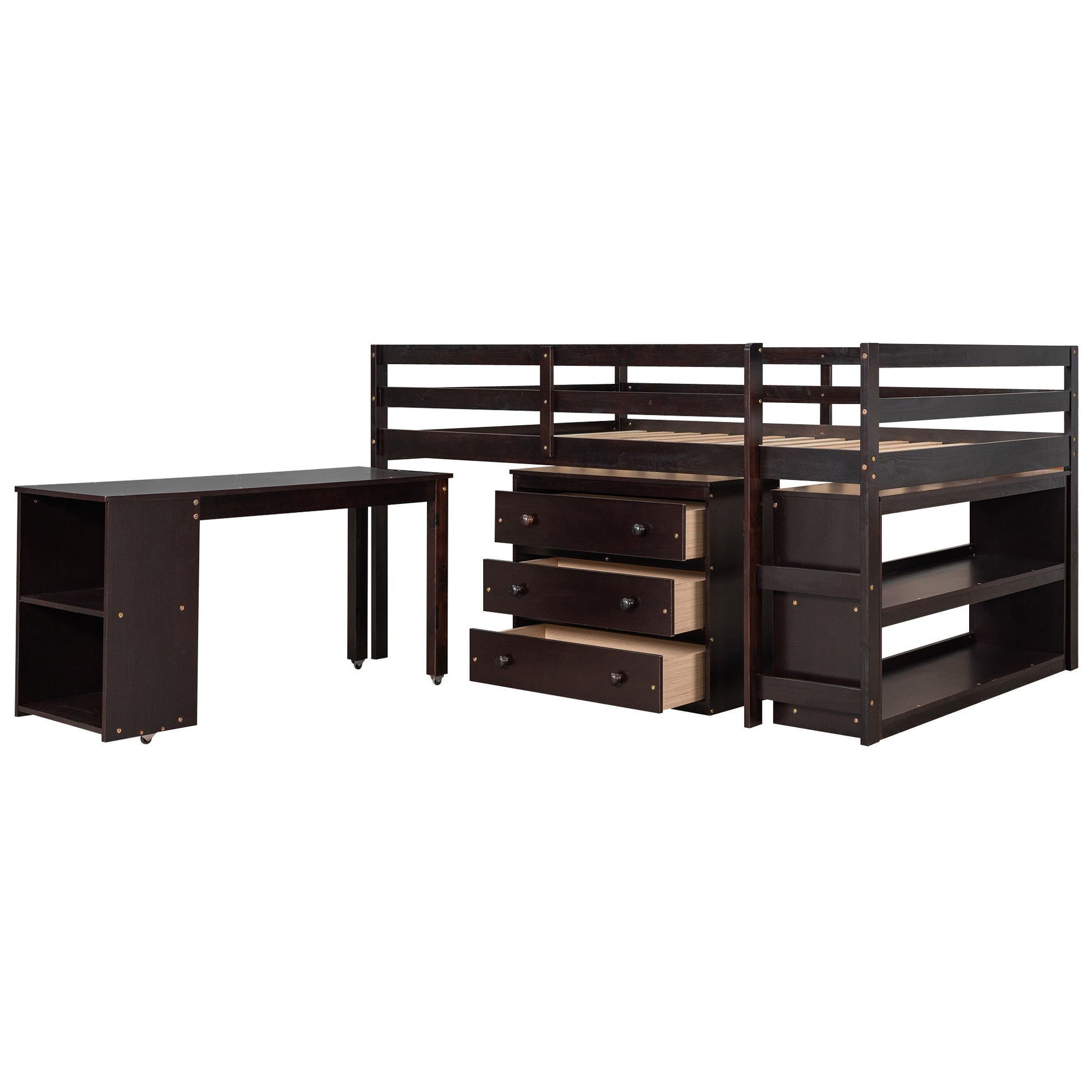 Low Study Full Loft Bed with Cabinet Shelves and Rolling Portable Desk Multiple Functions Bed- Espresso - Korvel