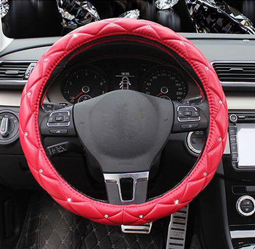 Leather Steering Wheel Covers Crystal Studded Rhinestone Car Steering-Wheel Cover Cases Pink Car Interior Accessories For Girls - Korvel