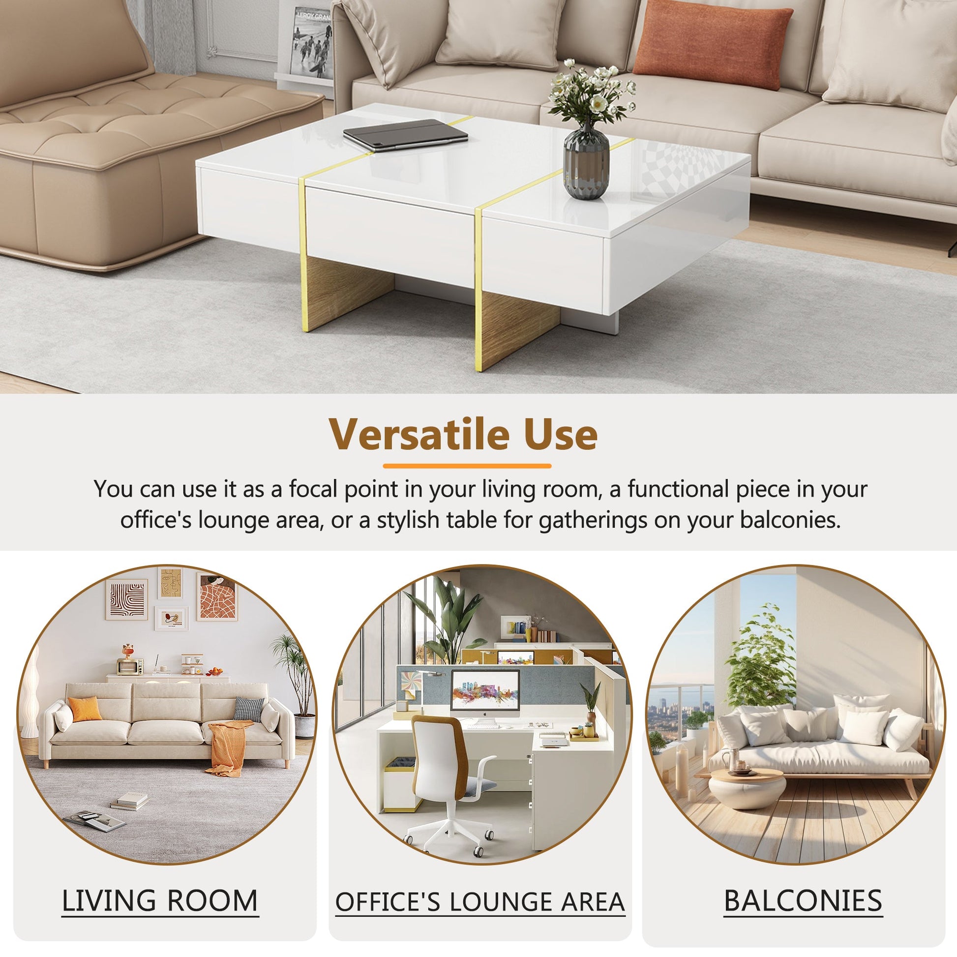 ON-TRANS 47.2 inch x 31.4 inch multifunctional rectangular sofa table with 2 drawers and gold wood grain leg center table, white - Korvel