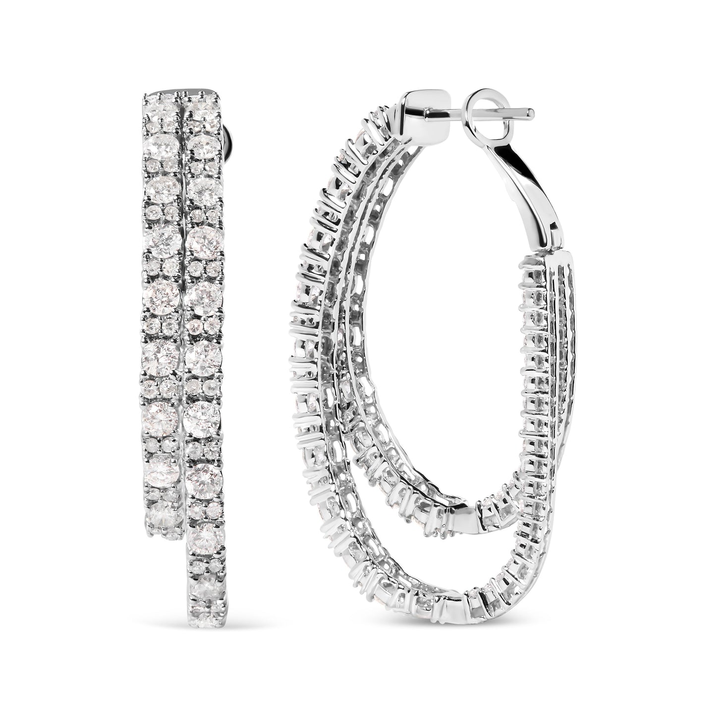 Boucles d'oreilles asymétriques à double anneau en diamant en or blanc 14K