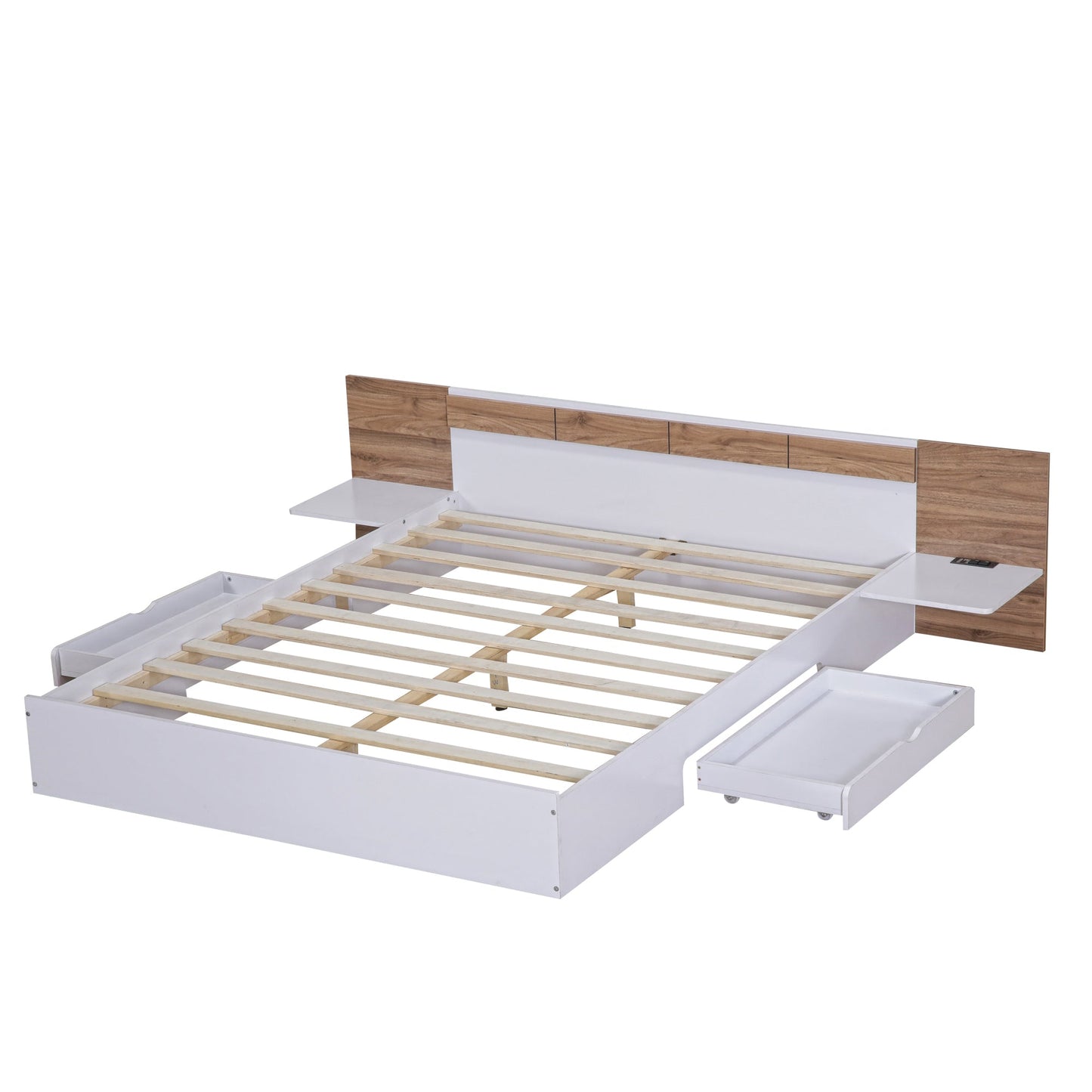 Queen Size Platform Bed with Headboard, Drawers, Shelves, USB Ports and Sockets  White - Korvel