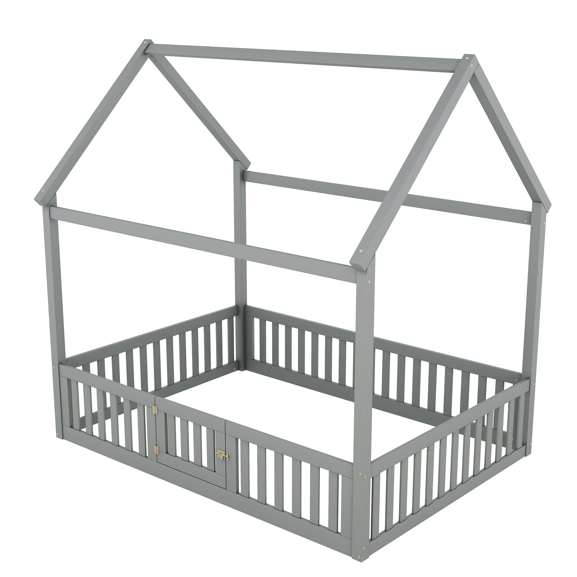 Full Size Wood House Bed with Fence and Door, Gray - Korvel
